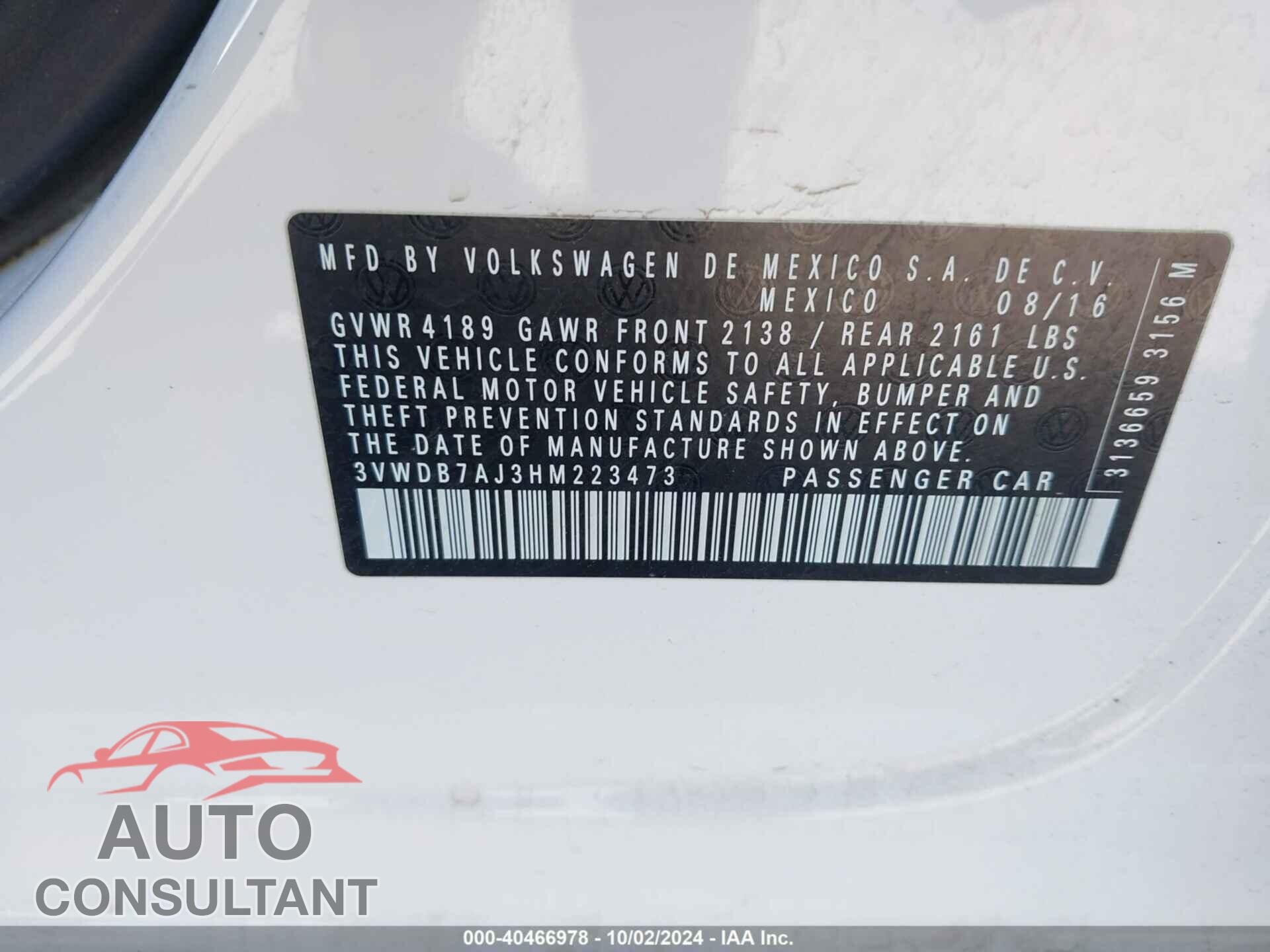 VOLKSWAGEN JETTA 2017 - 3VWDB7AJ3HM223473