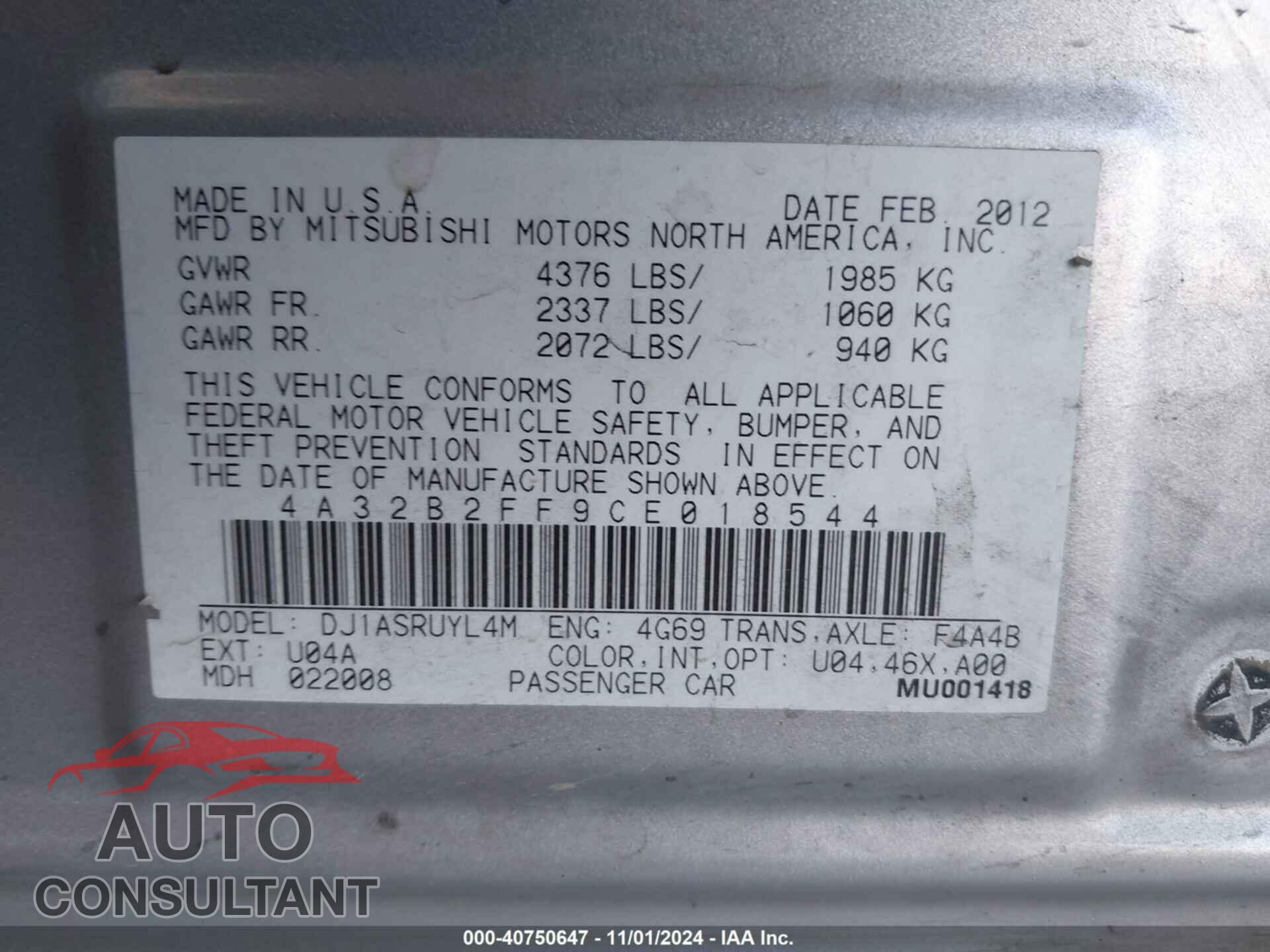 MITSUBISHI GALANT 2012 - 4A32B2FF9CE018544