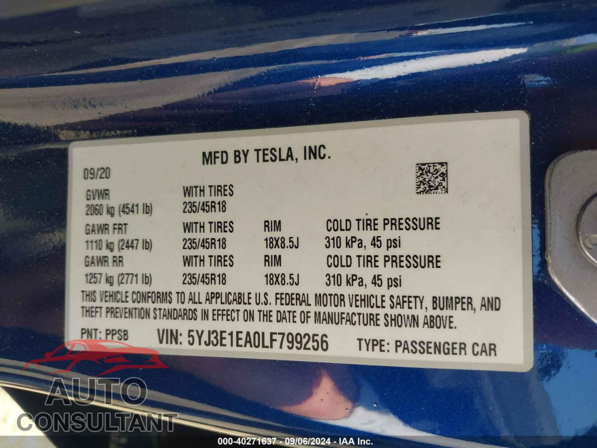 TESLA MODEL 3 2020 - 5YJ3E1EA0LF799256