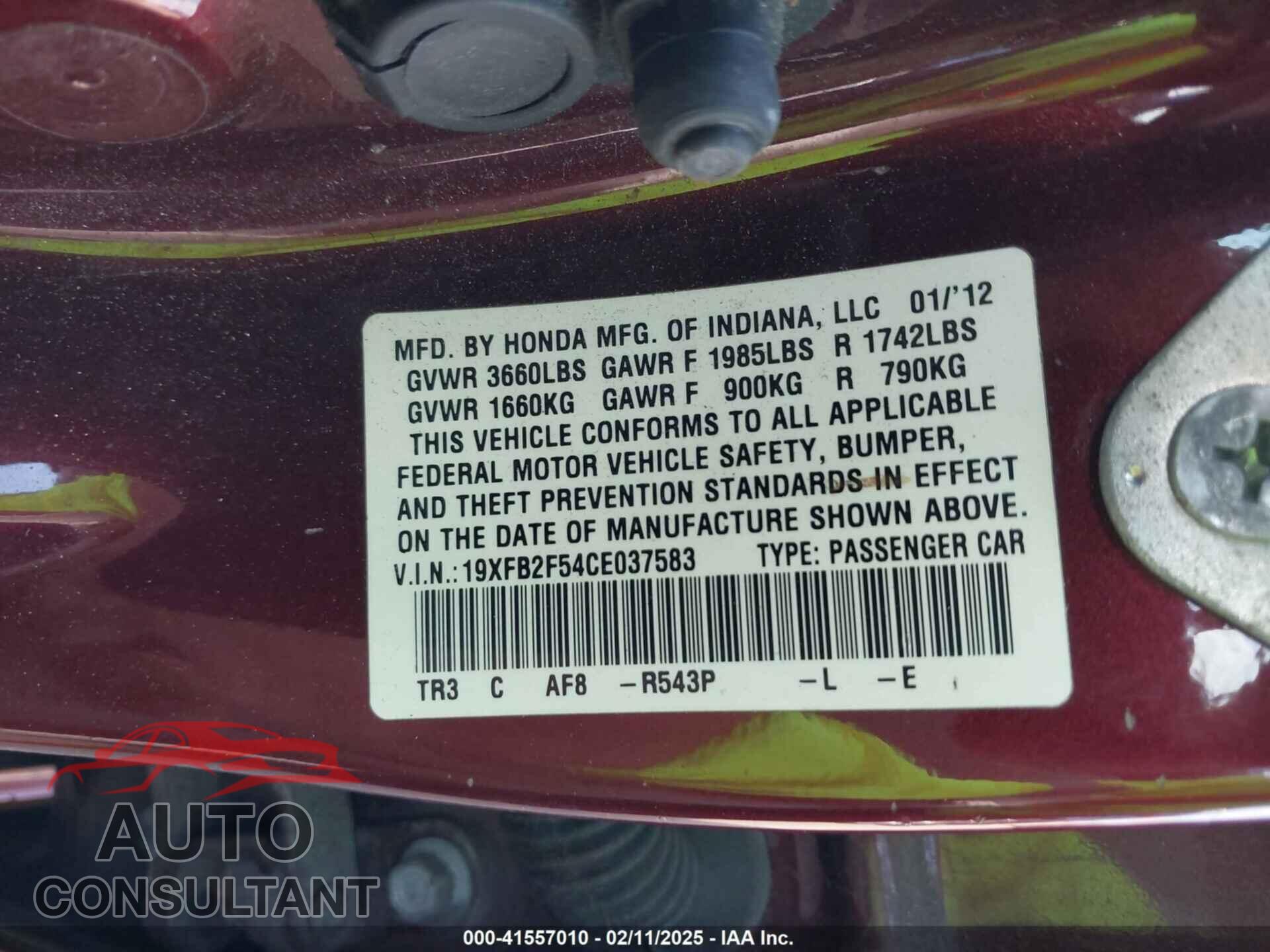 HONDA CIVIC 2012 - 19XFB2F54CE037583