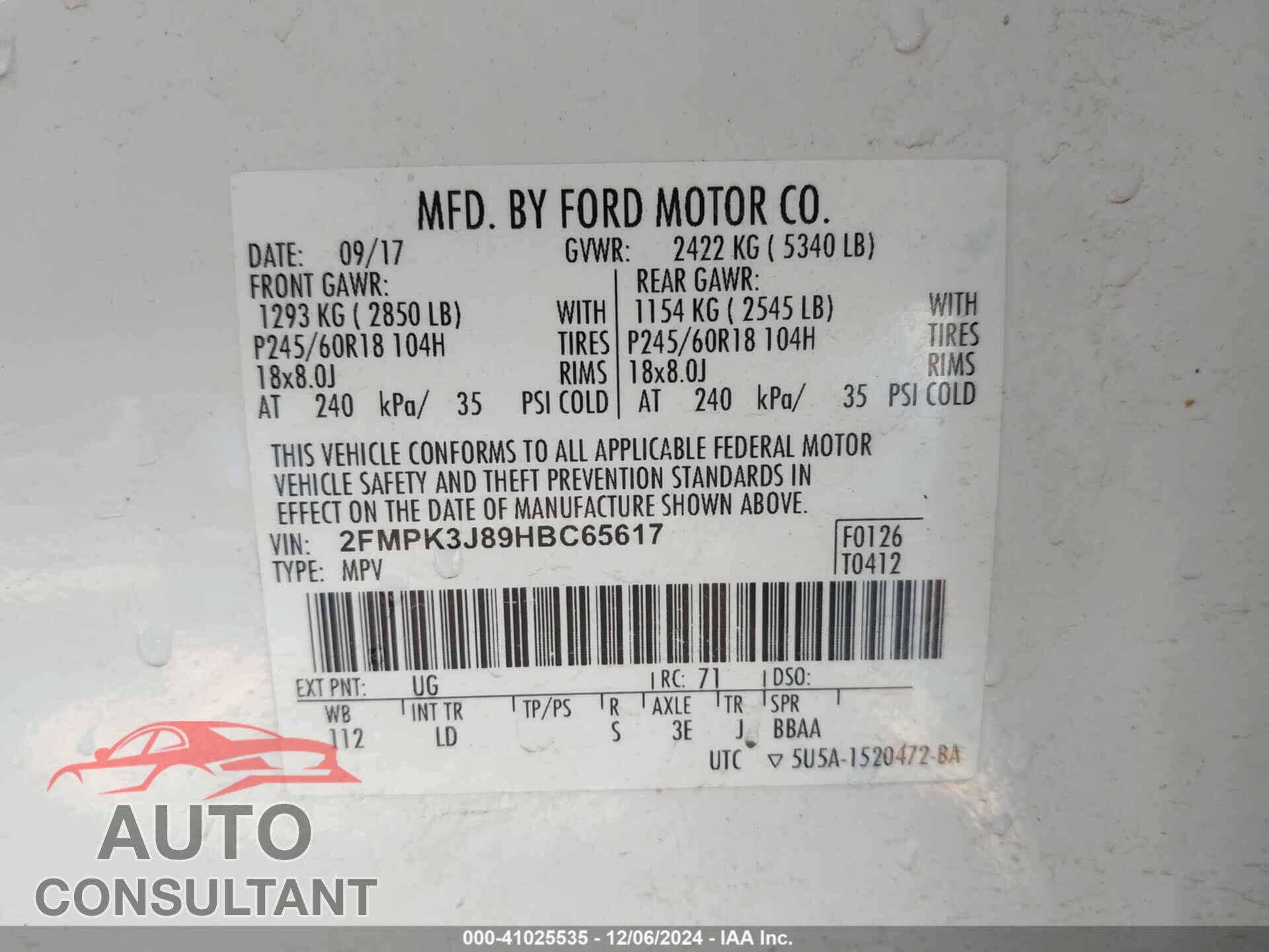 FORD EDGE 2017 - 2FMPK3J89HBC65617