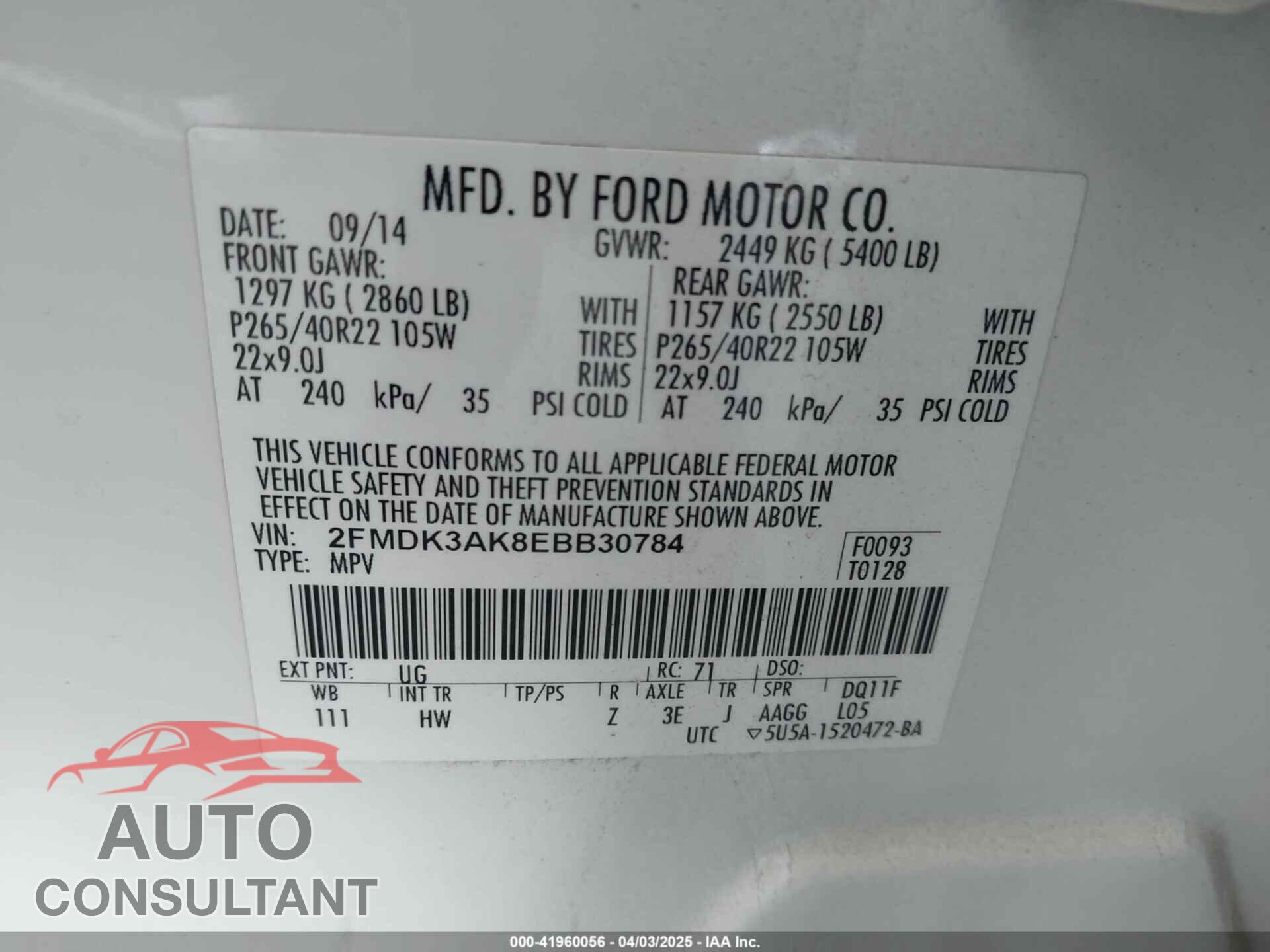 FORD EDGE 2014 - 2FMDK3AK8EBB30784