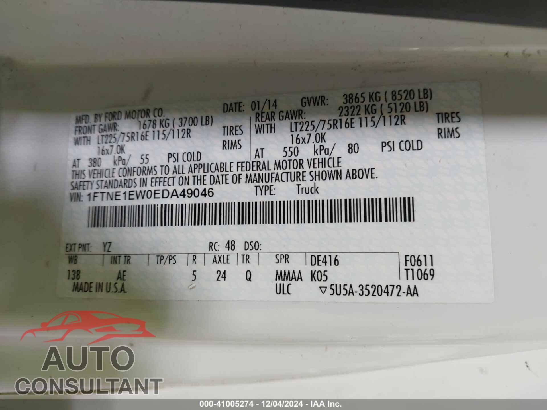 FORD E-150 2014 - 1FTNE1EW0EDA49046