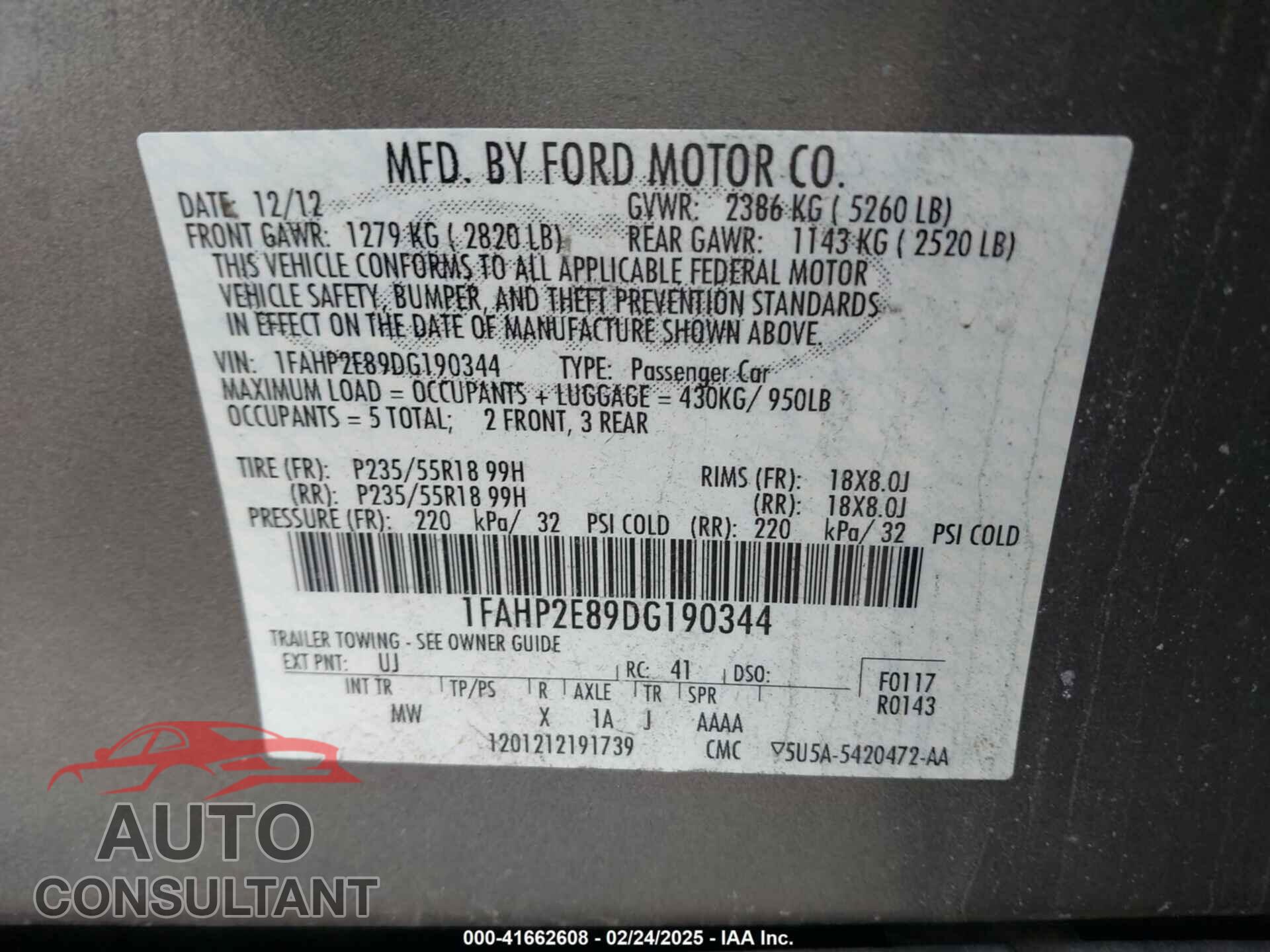 FORD TAURUS 2013 - 1FAHP2E89DG190344