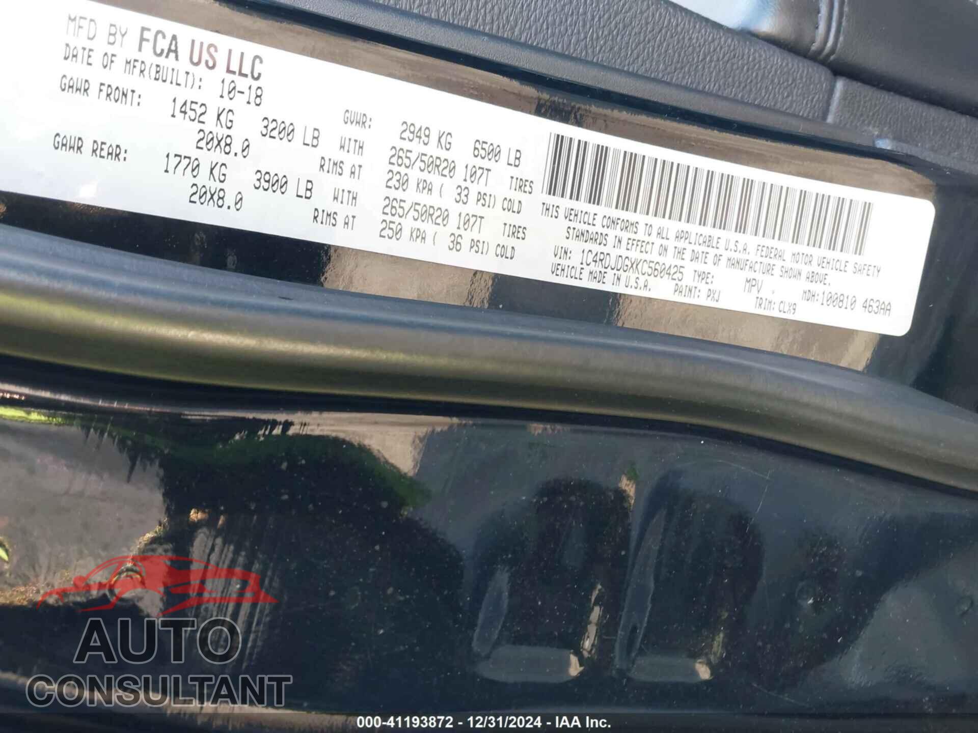 DODGE DURANGO 2019 - 1C4RDJDGXKC560425