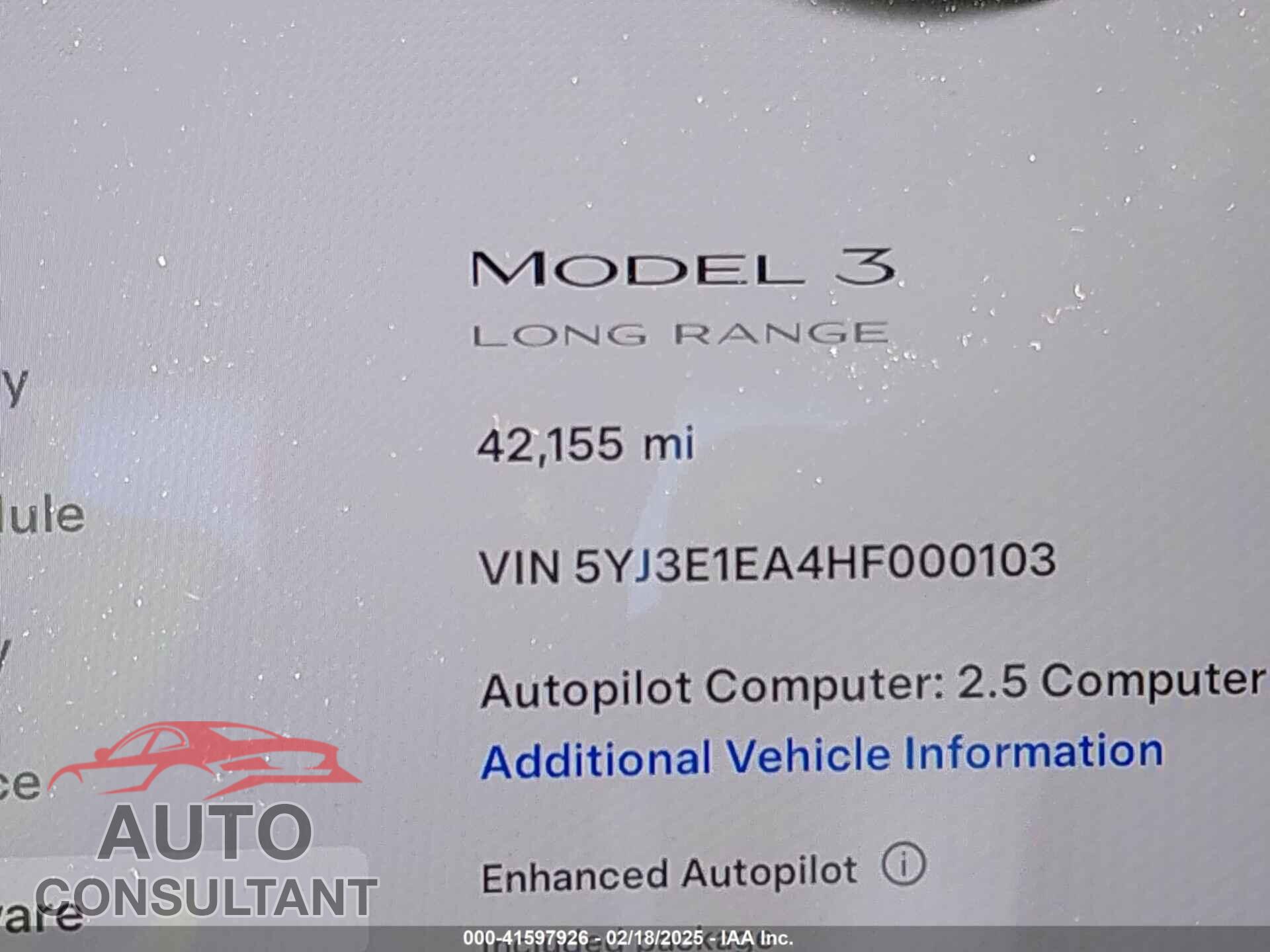 TESLA MODEL 3 2017 - 5YJ3E1EA4HF000103