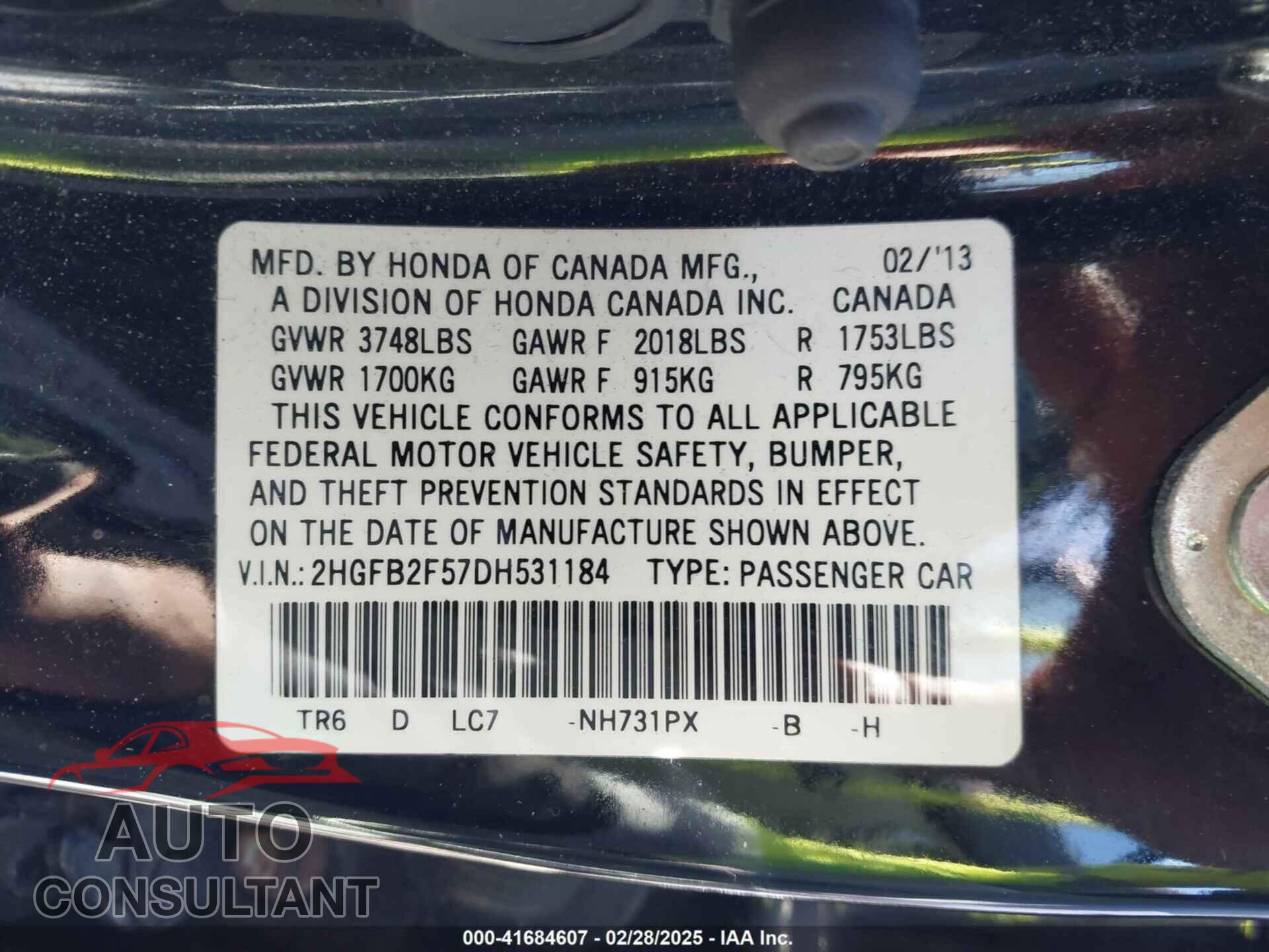 HONDA CIVIC 2013 - 2HGFB2F57DH531184