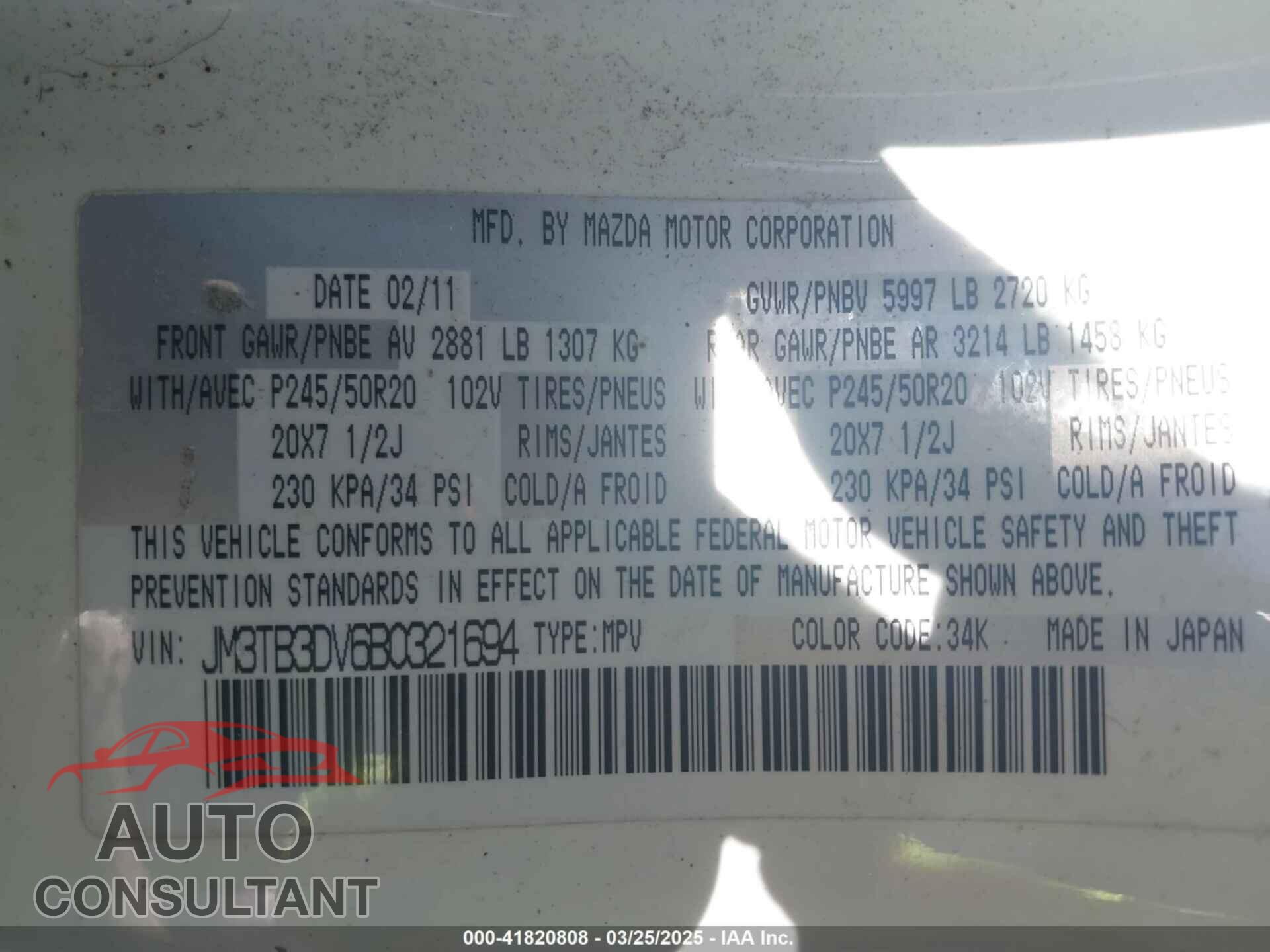 MAZDA CX-9 2011 - JM3TB3DV6B0321694