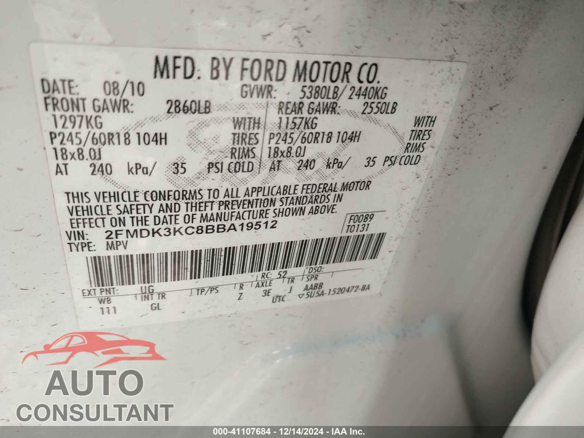 FORD EDGE 2011 - 2FMDK3KC8BBA19512