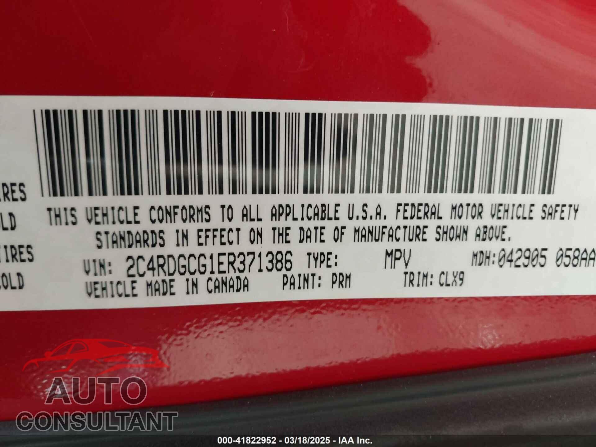 DODGE GRAND CARAVAN 2014 - 2C4RDGCG1ER371386