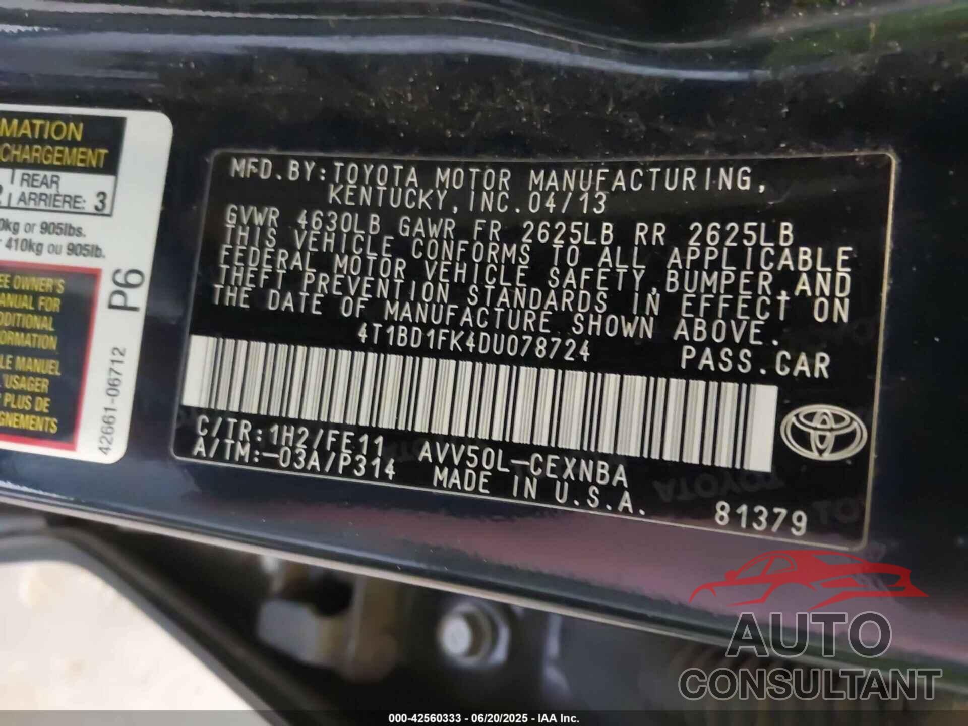 TOYOTA CAMRY HYBRID 2013 - 4T1BD1FK4DU078724