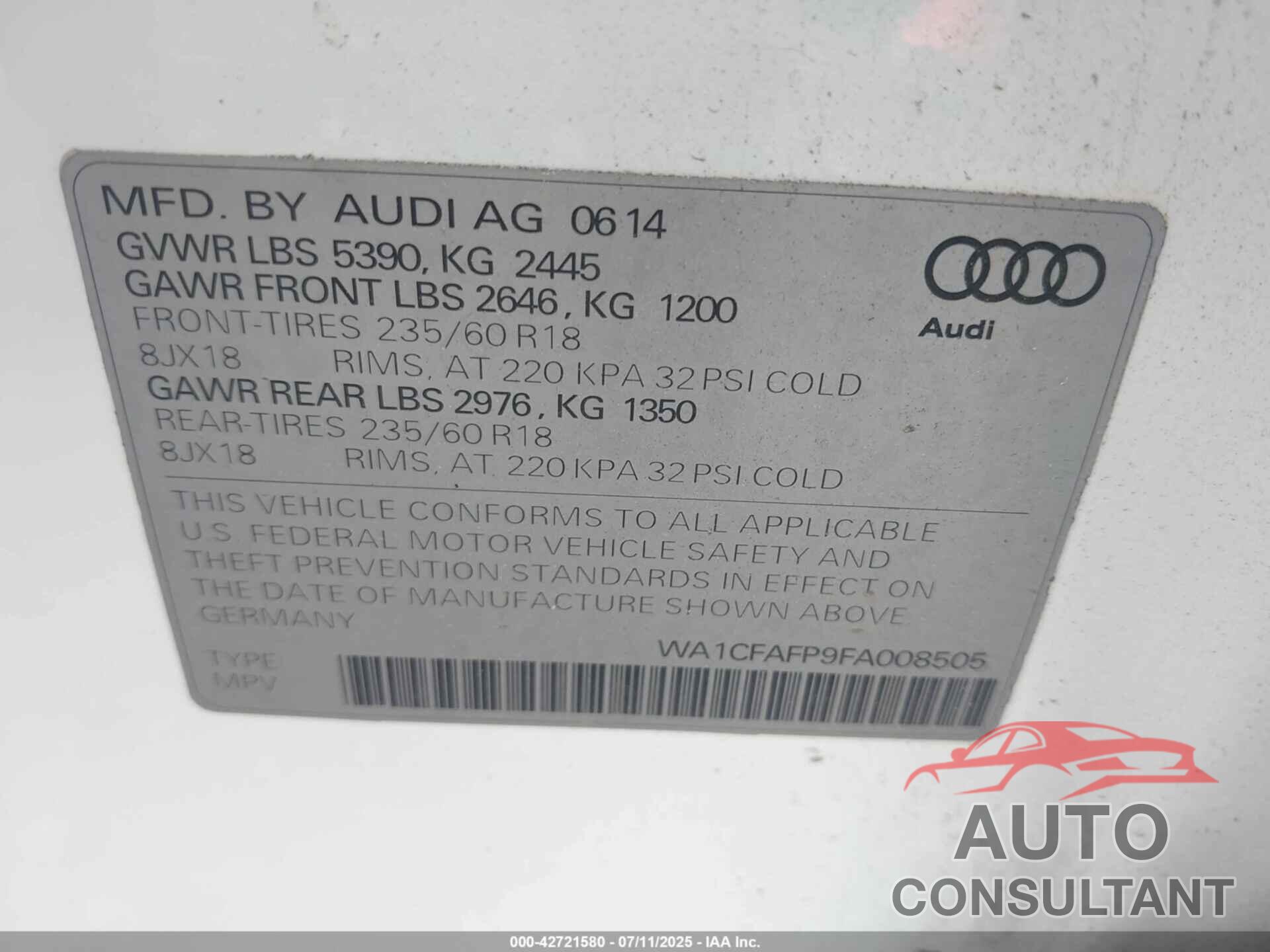 AUDI Q5 2015 - WA1CFAFP9FA008505