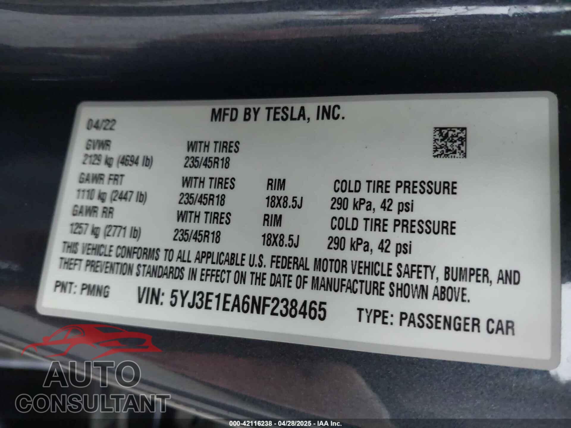 TESLA MODEL 3 2022 - 5YJ3E1EA6NF238465