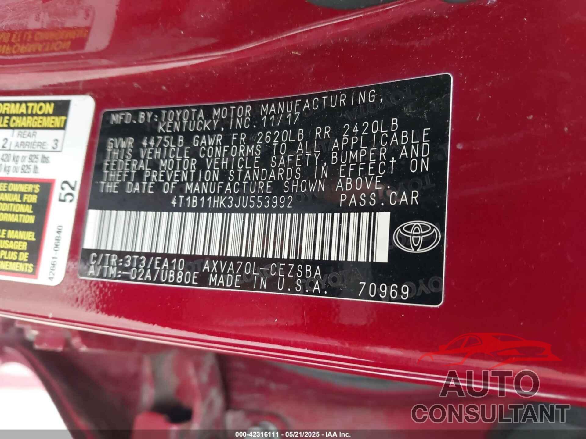 TOYOTA CAMRY 2018 - 4T1B11HK3JU553992