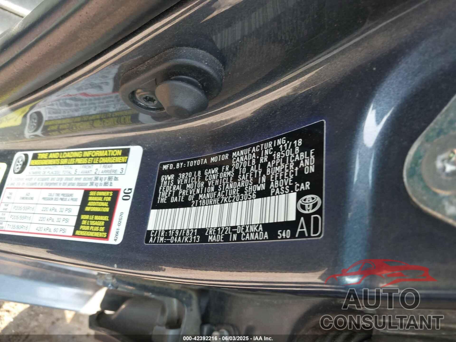 TOYOTA COROLLA 2019 - 2T1BURHE7KC203056