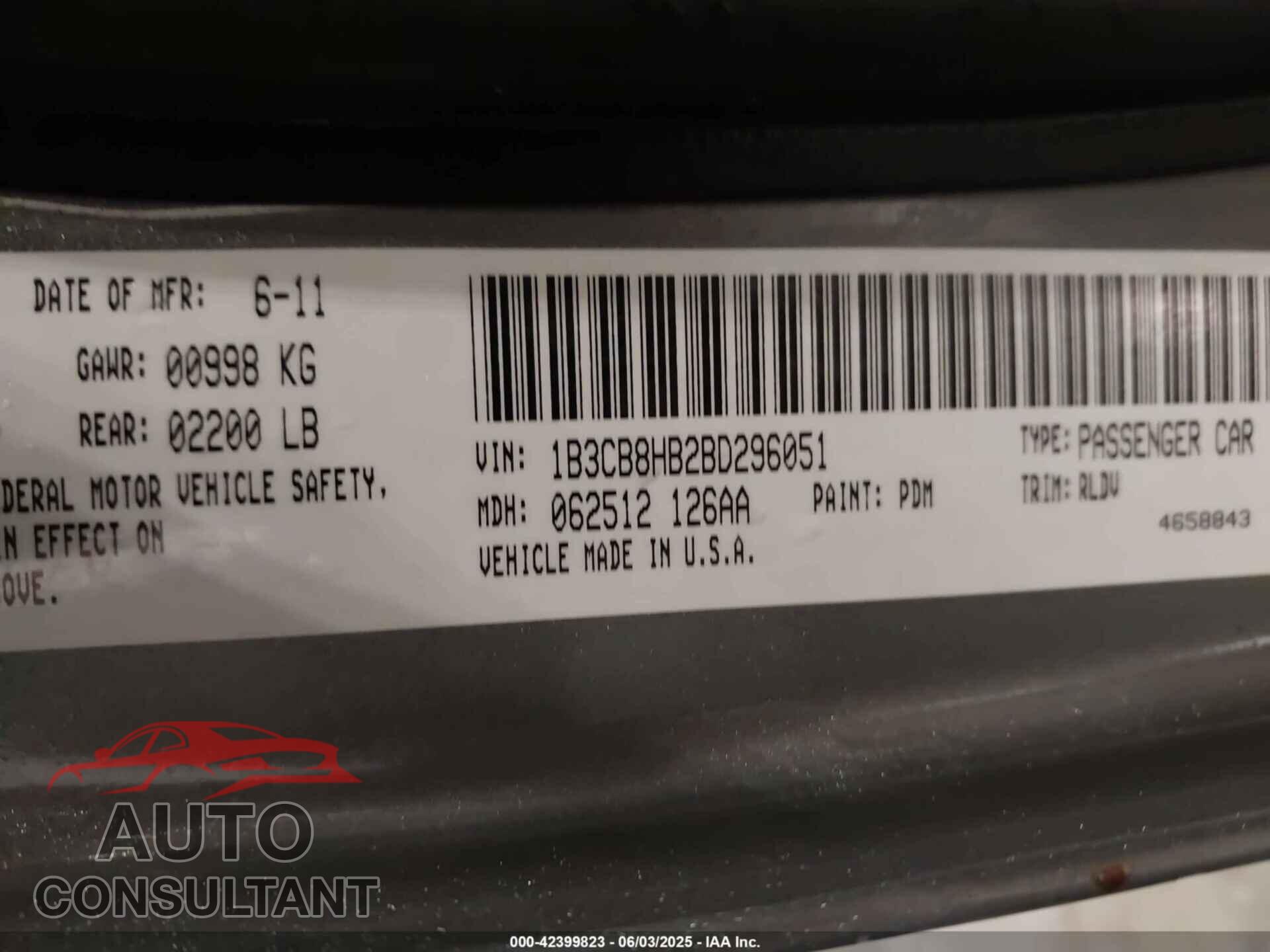 DODGE CALIBER 2011 - 1B3CB8HB2BD296051