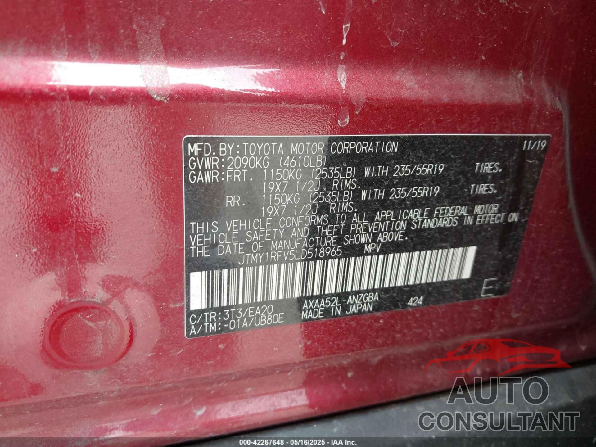 TOYOTA RAV4 2020 - JTMY1RFV5LD518965