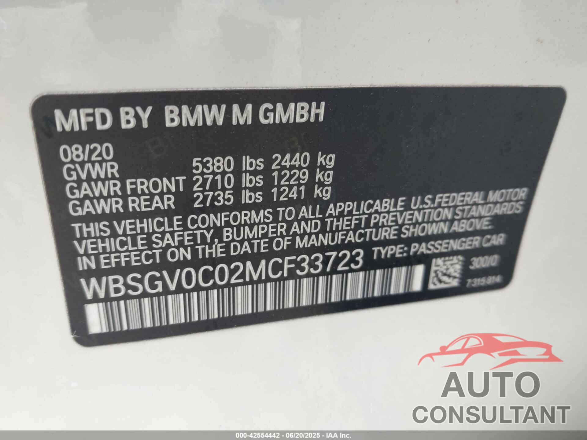 BMW M8 GRAN COUPE 2021 - WBSGV0C02MCF33723