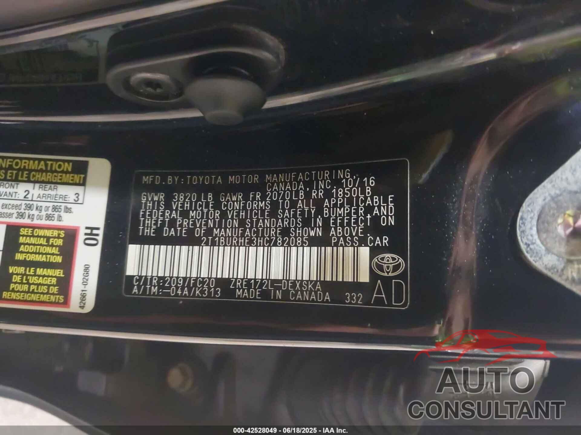 TOYOTA COROLLA 2017 - 2T1BURHE3HC782085