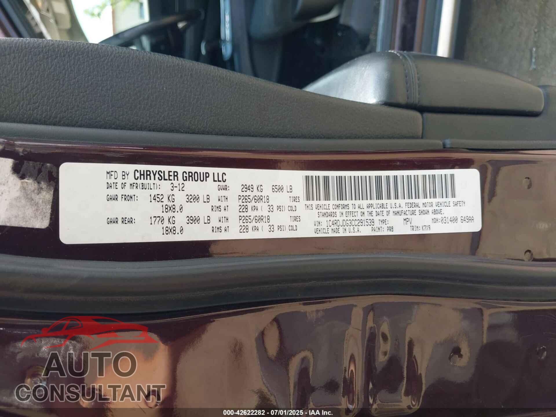 DODGE DURANGO 2012 - 1C4RDJDG3CC291539