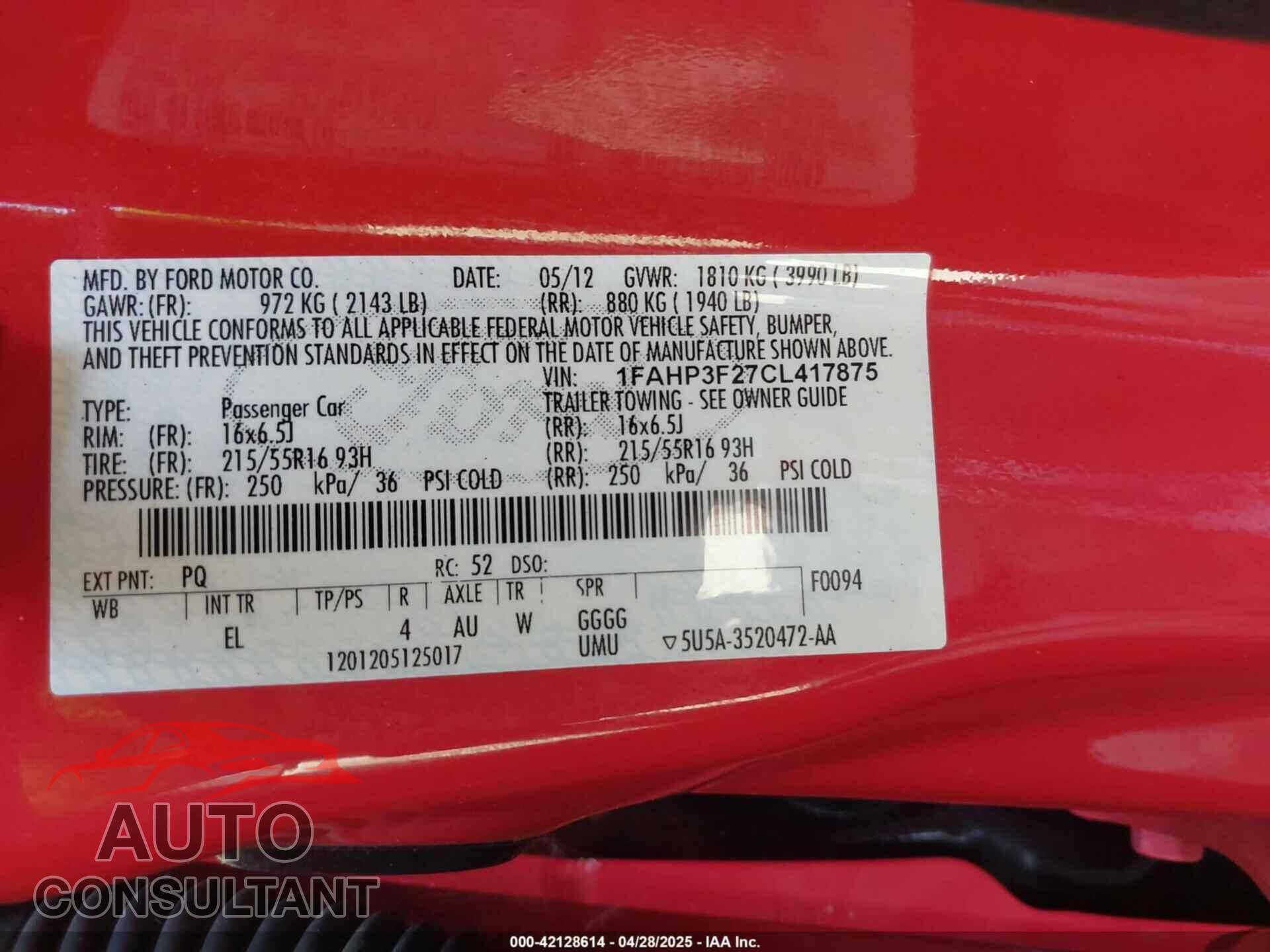 FORD FOCUS 2012 - 1FAHP3F27CL417875