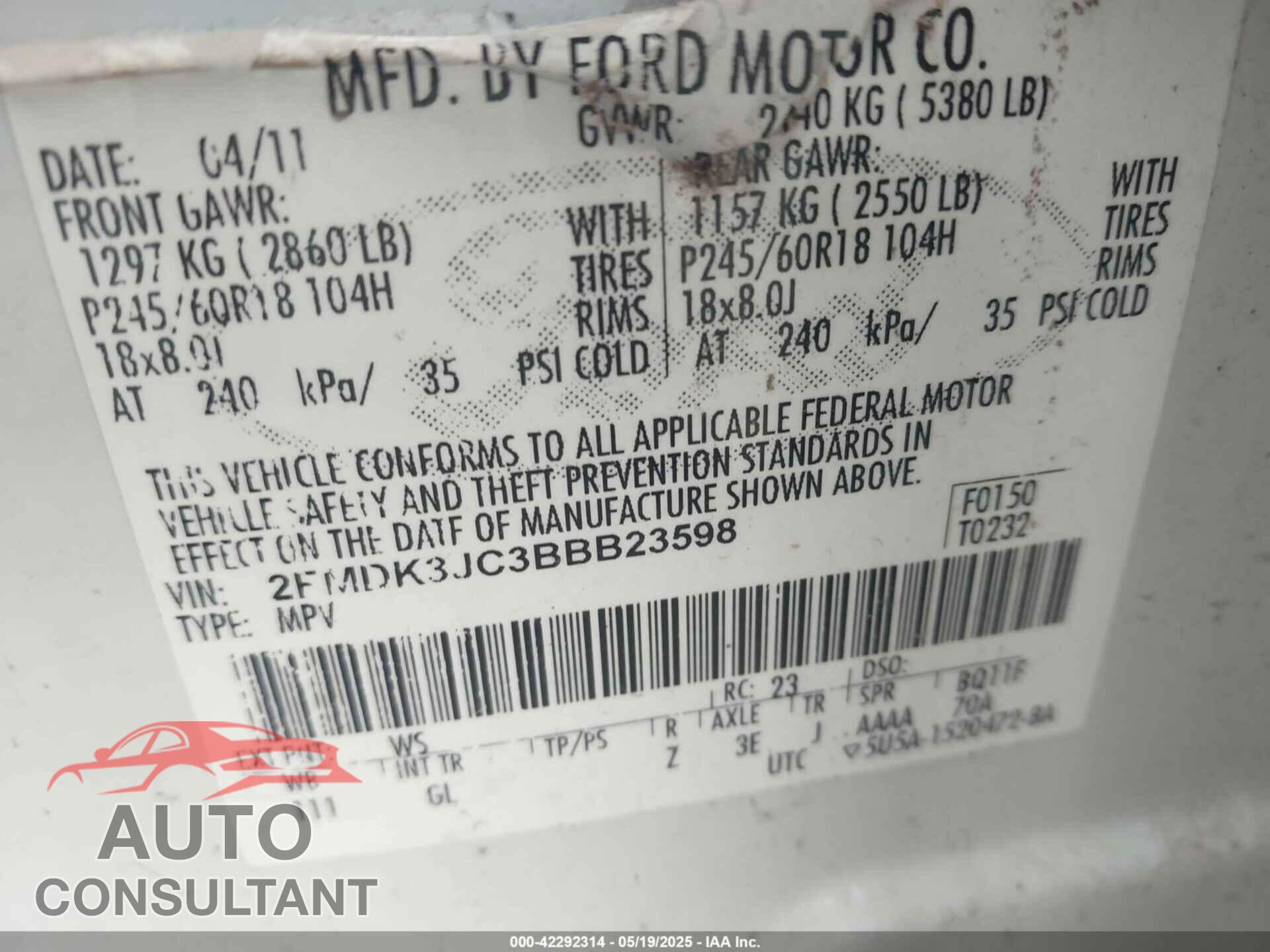 FORD EDGE 2011 - 2FMDK3JC3BBB23598