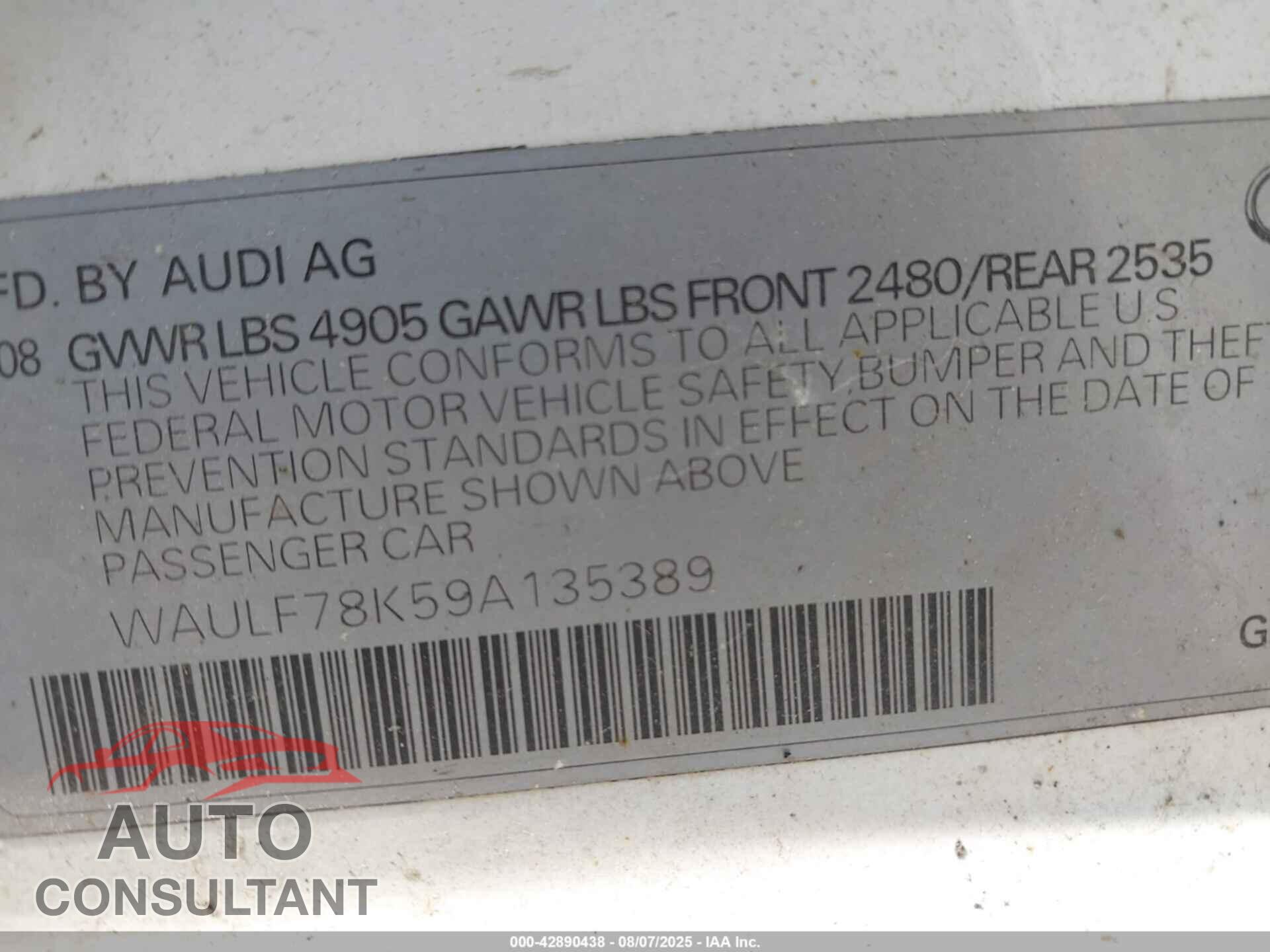 AUDI A4 2009 - WAULF78K59A135389
