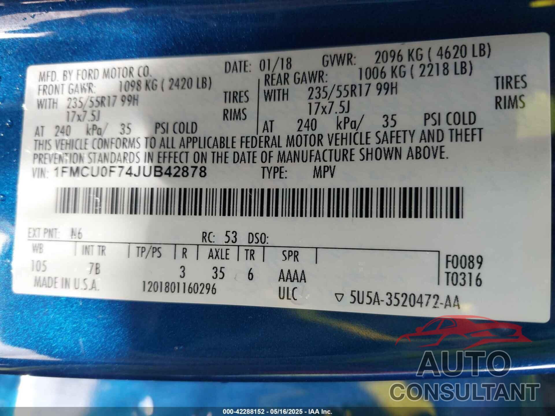FORD ESCAPE 2018 - 1FMCU0F74JUB42878