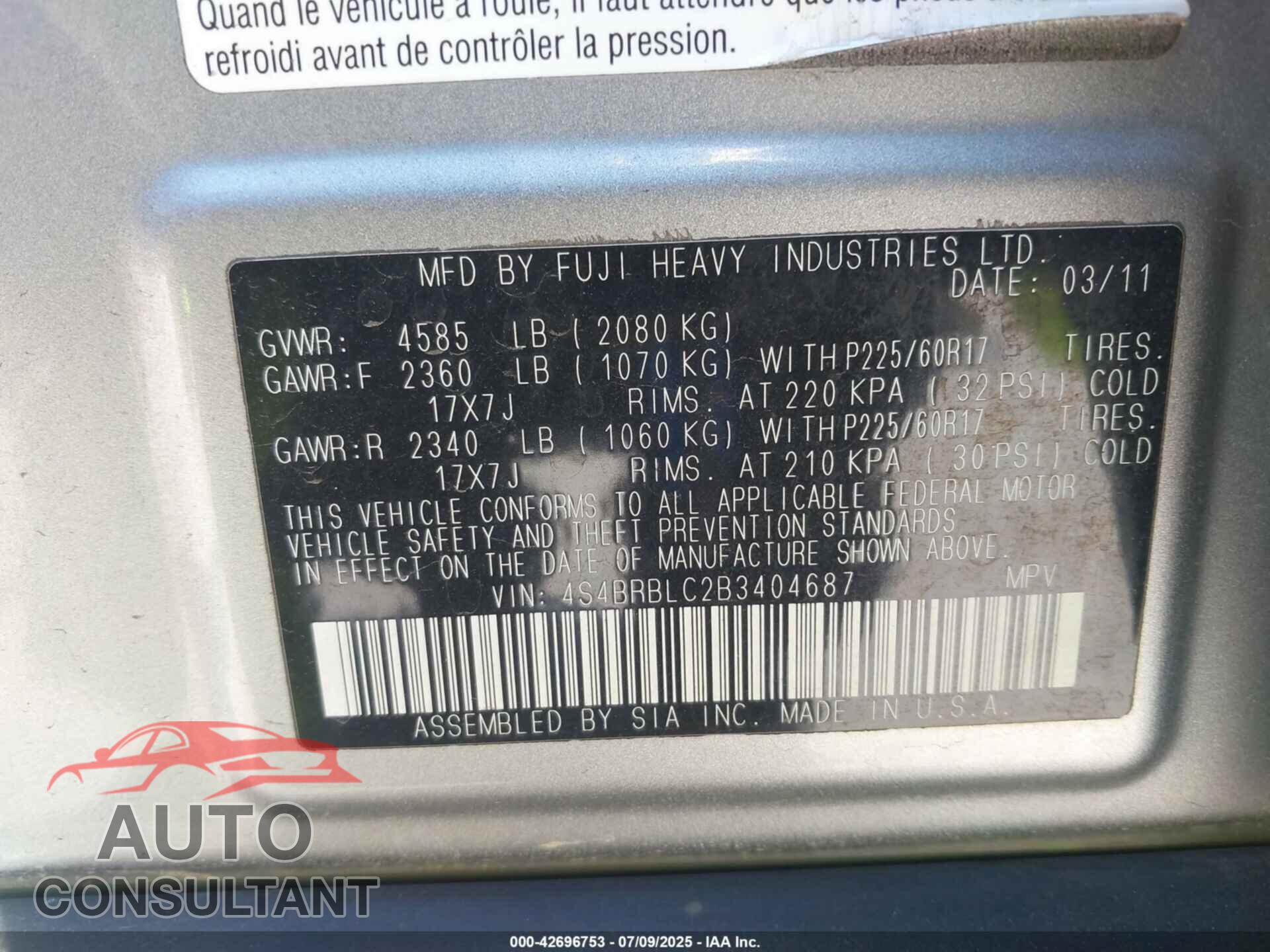 SUBARU OUTBACK 2011 - 4S4BRBLC2B3404687