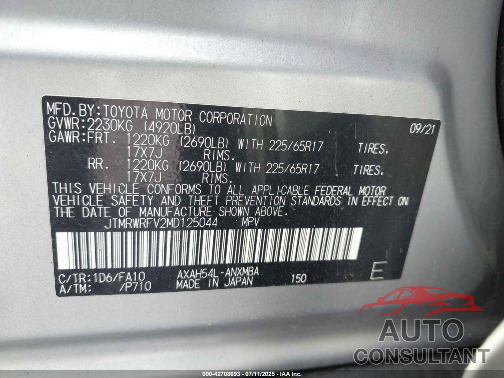TOYOTA RAV4 HYBRID 2021 - JTMRWRFV2MD125044