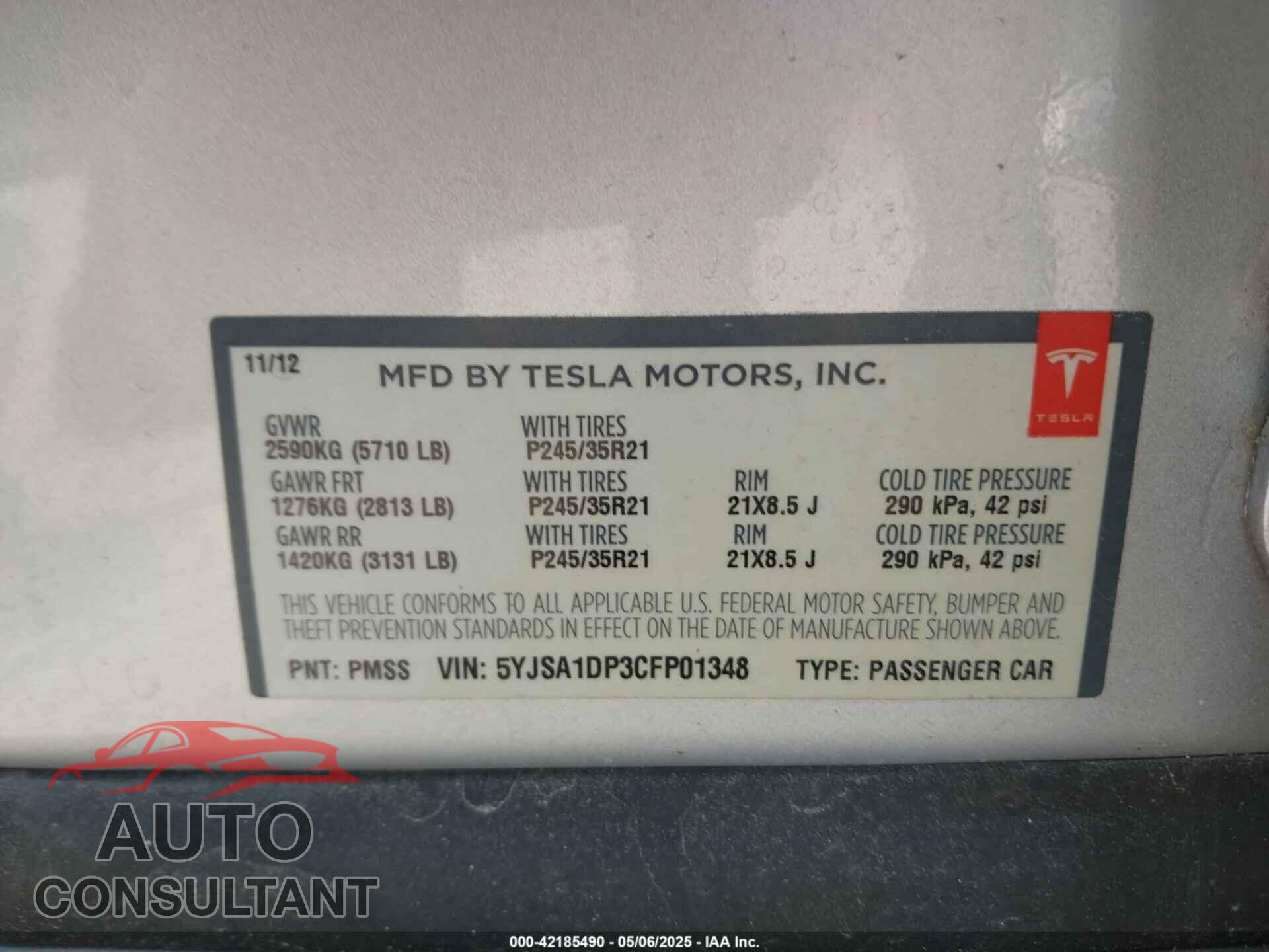 TESLA MODEL S 2012 - 5YJSA1DP3CFP01348