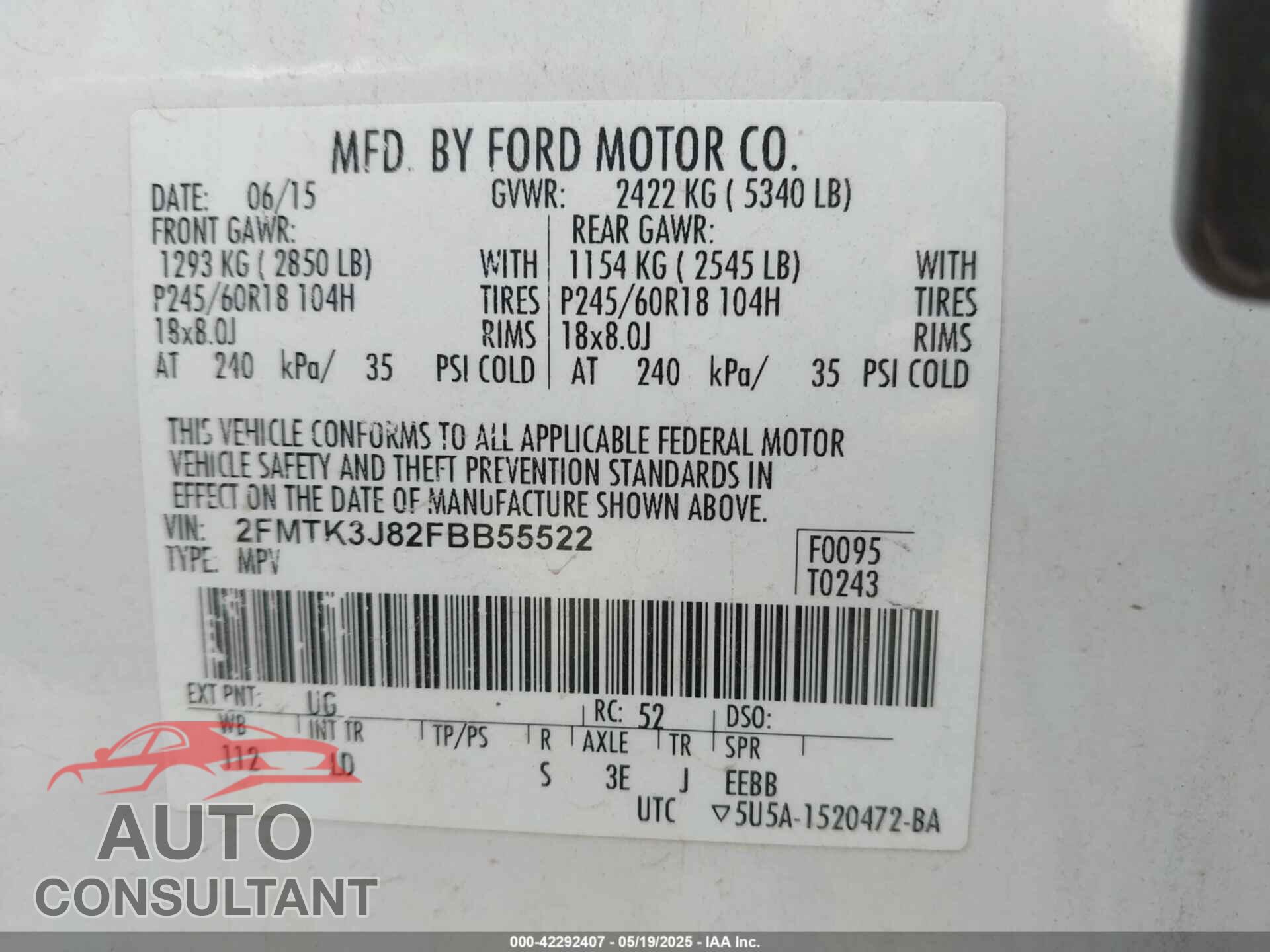 FORD EDGE 2015 - 2FMTK3J82FBB55522