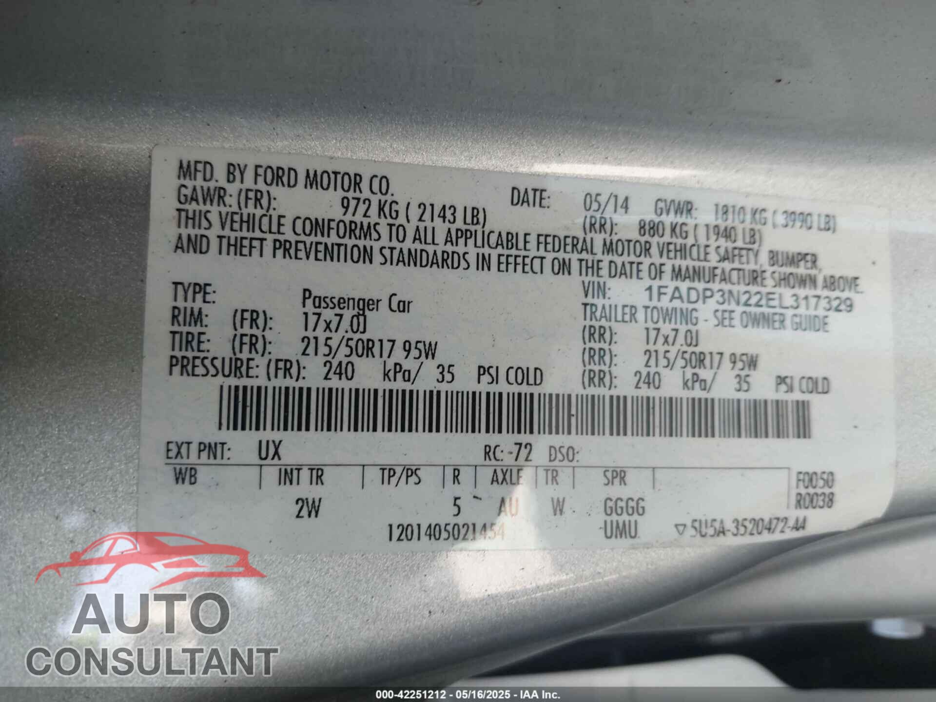 FORD FOCUS 2014 - 1FADP3N22EL317329