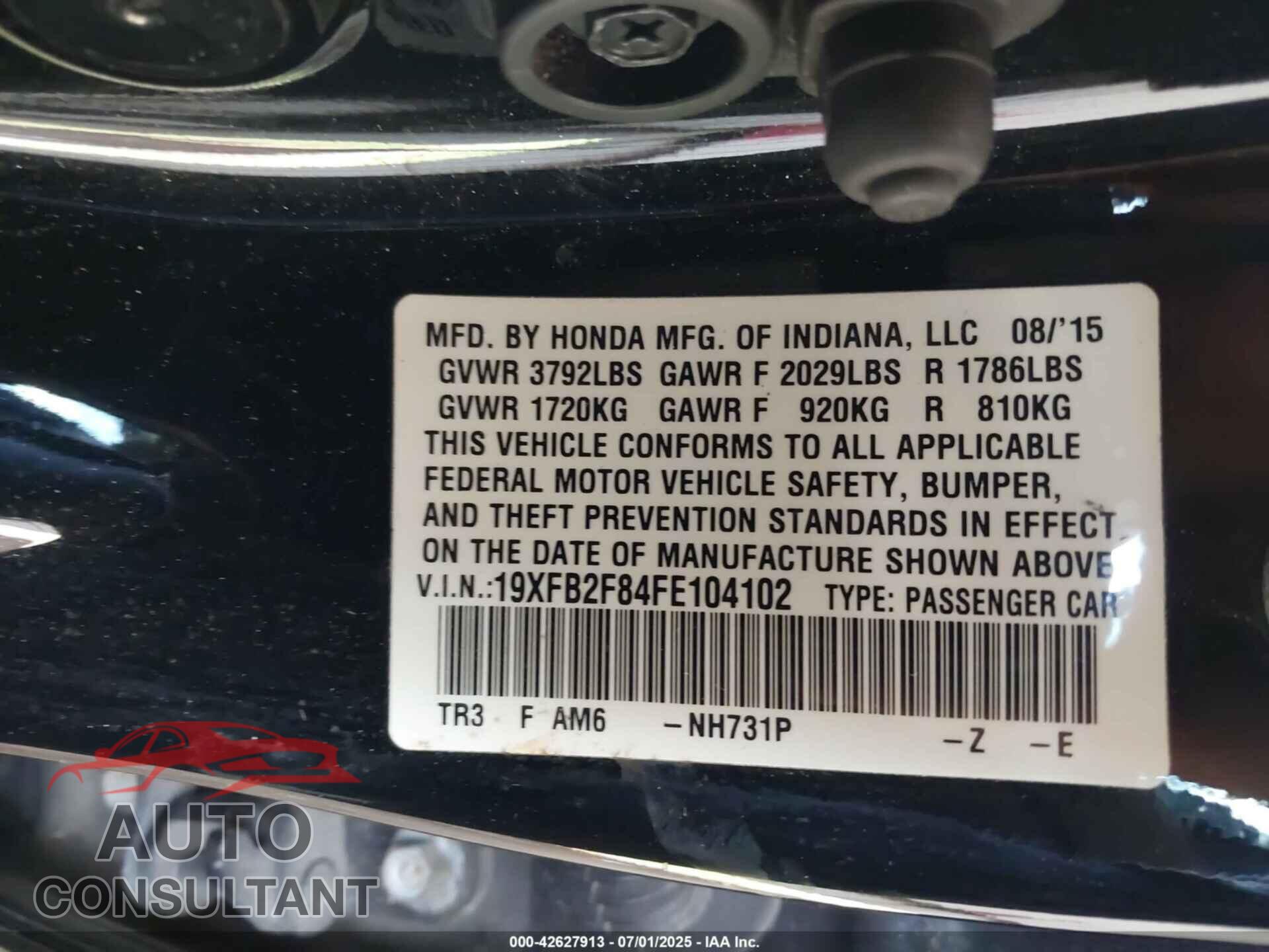 HONDA CIVIC 2015 - 19XFB2F84FE104102
