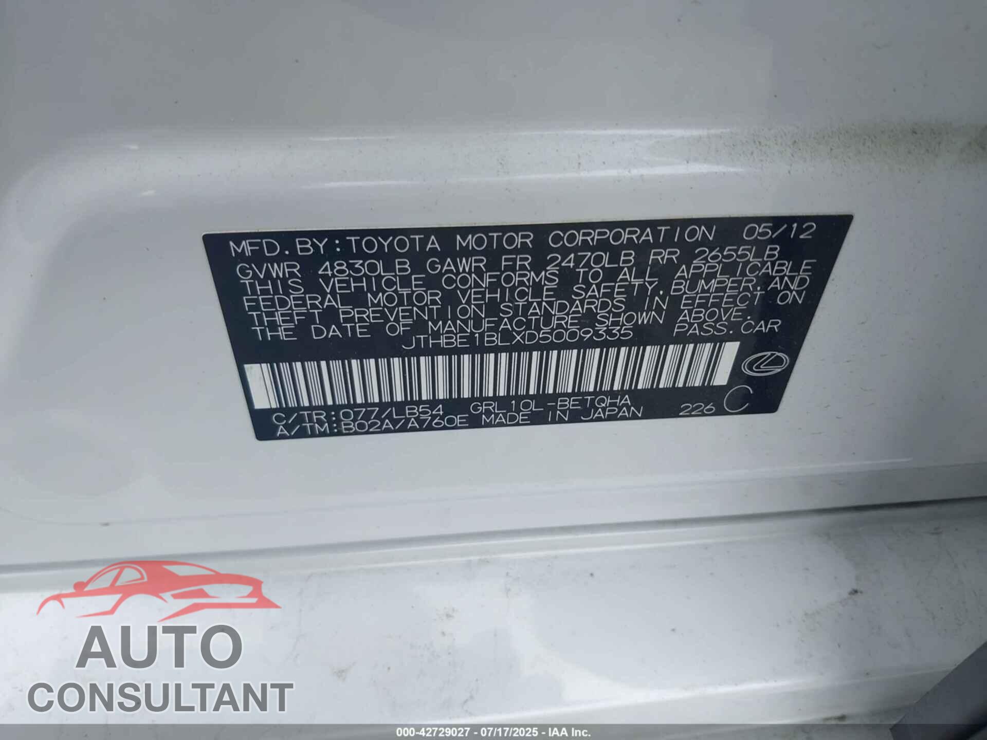 LEXUS GS 350 2013 - JTHBE1BLXD5009335
