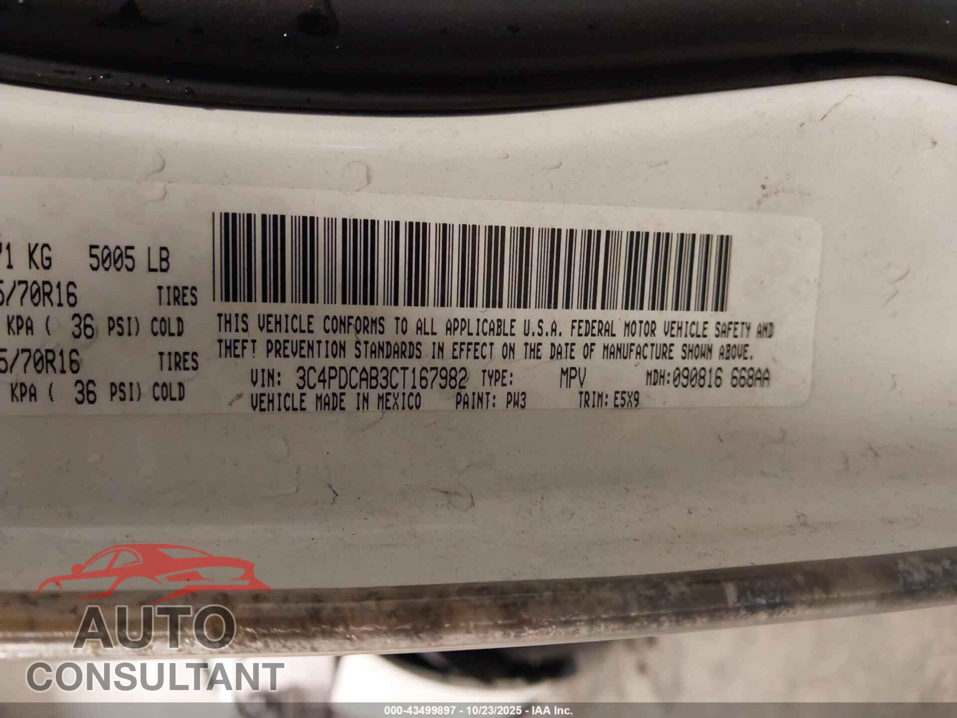 DODGE JOURNEY 2012 - 3C4PDCAB3CT167982