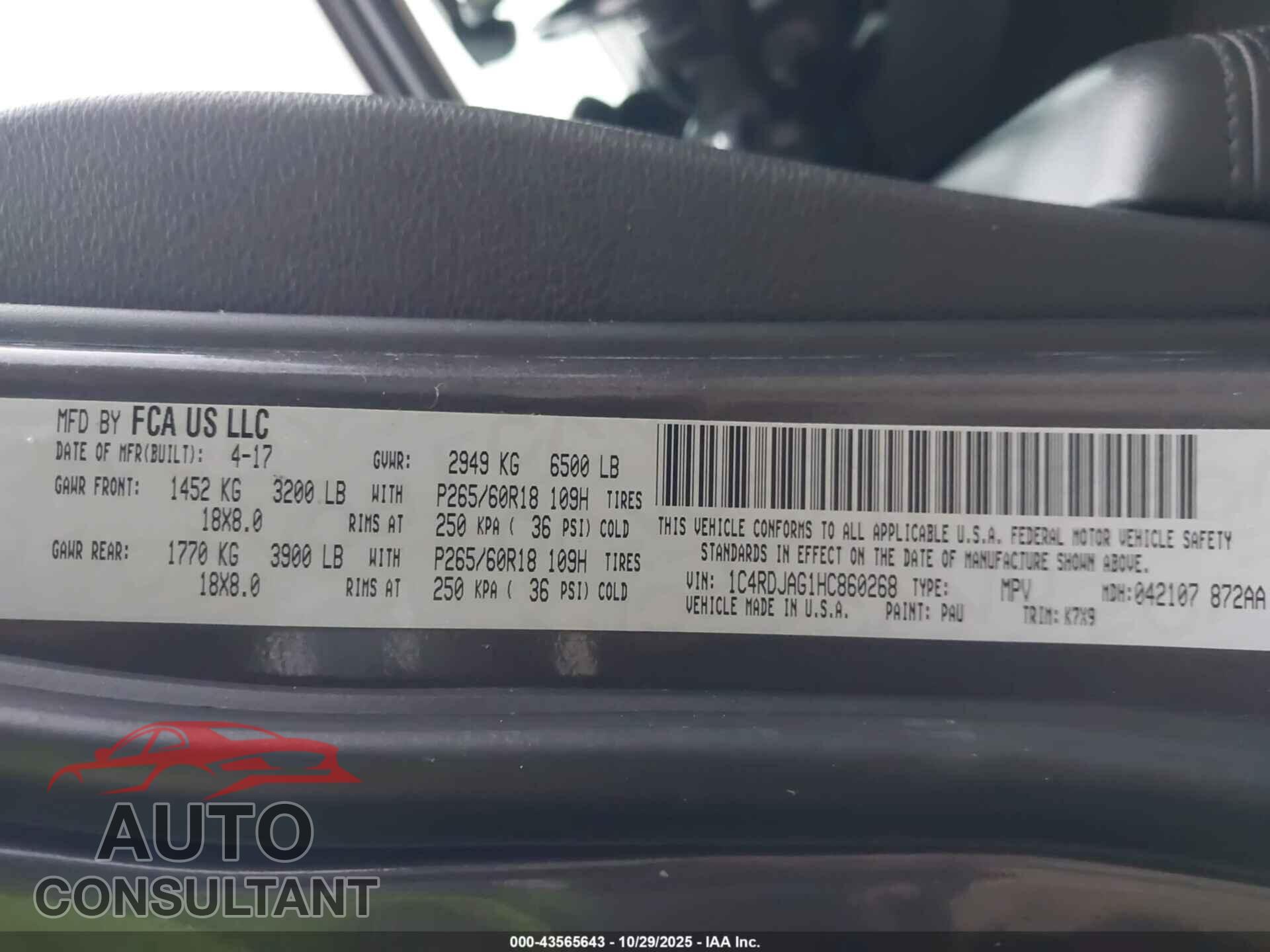 DODGE DURANGO 2017 - 1C4RDJAG1HC860268