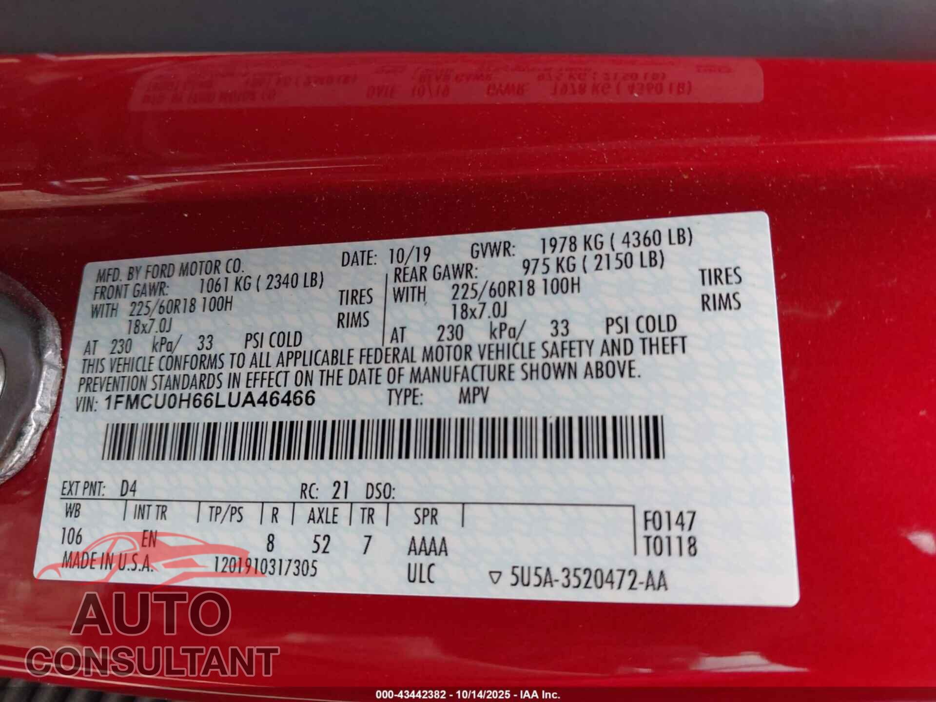 FORD ESCAPE 2020 - 1FMCU0H66LUA46466