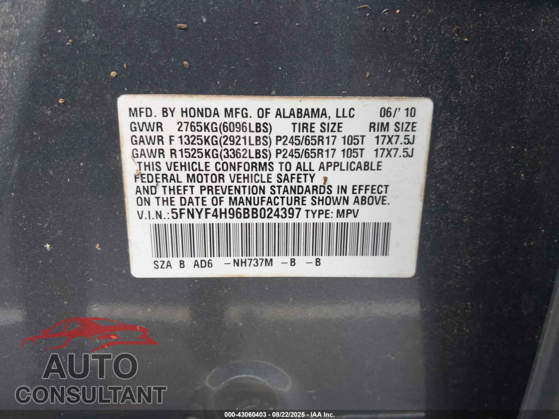 HONDA PILOT 2011 - 5FNYF4H96BB024397