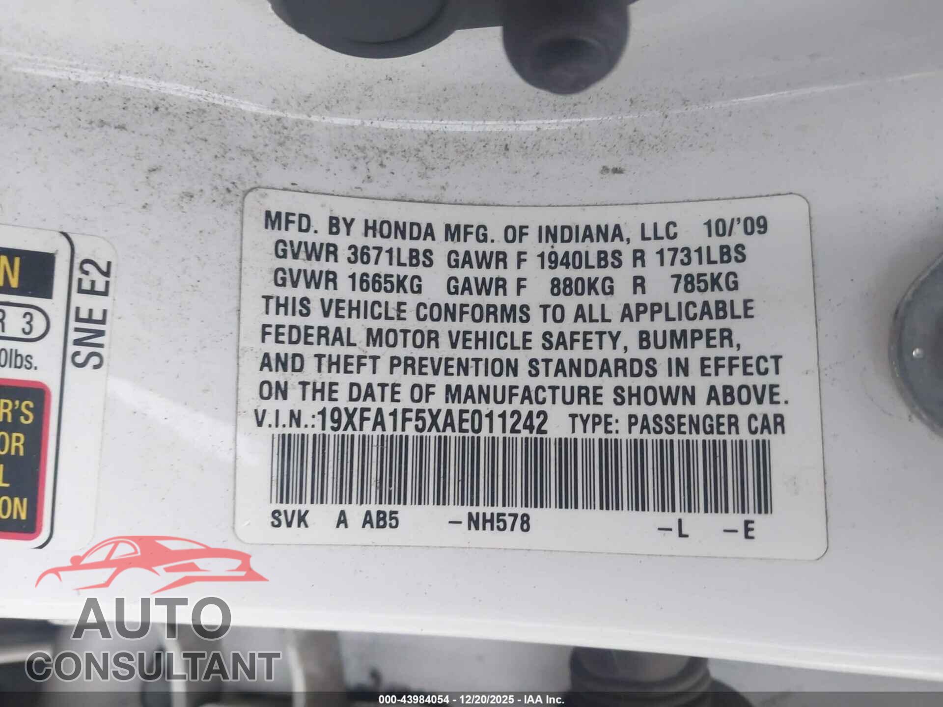 HONDA CIVIC 2010 - 19XFA1F5XAE011242