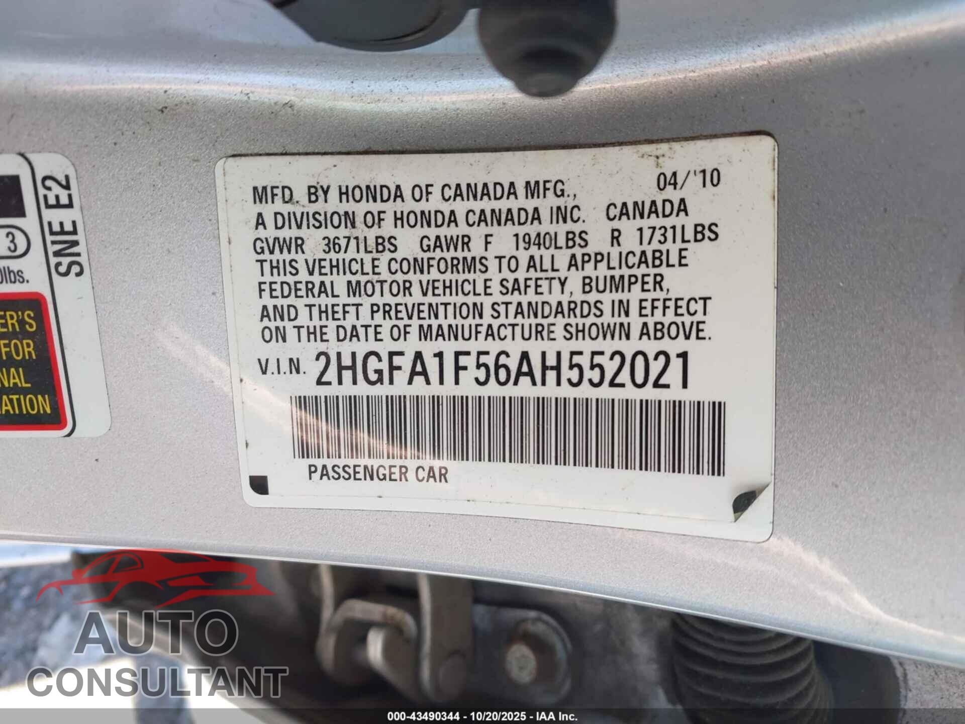 HONDA CIVIC 2010 - 2HGFA1F56AH552021