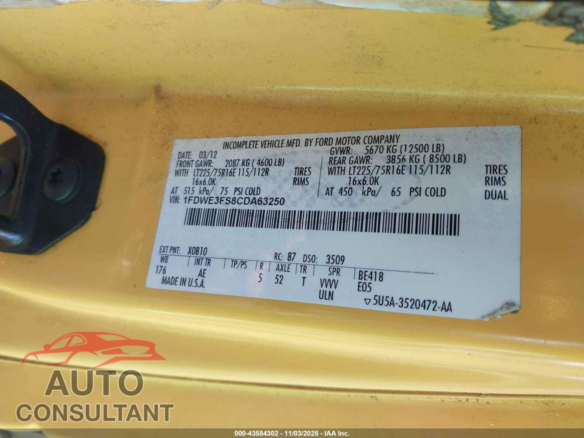 FORD E-350 CUTAWAY 2012 - 1FDWE3FS8CDA63250