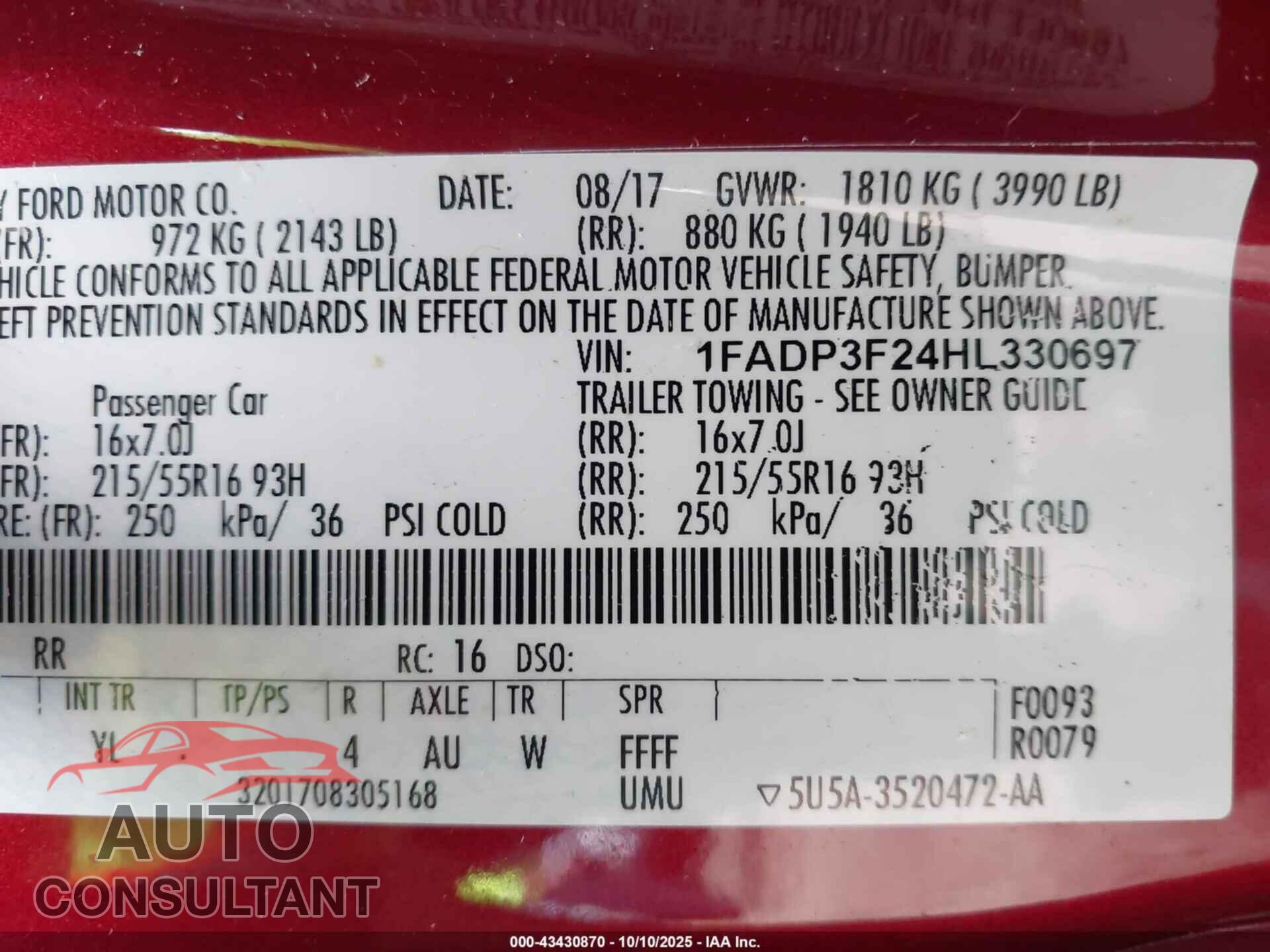 FORD FOCUS 2017 - 1FADP3F24HL330697