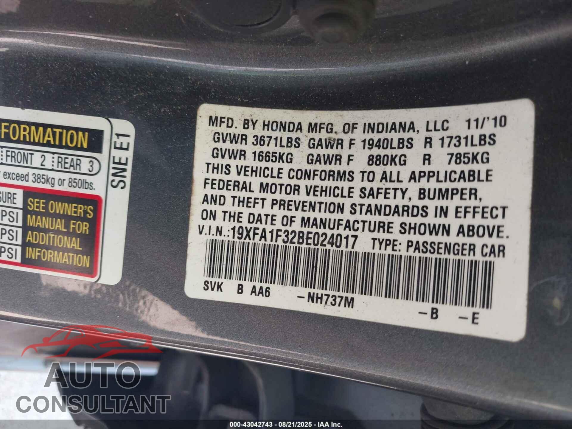 HONDA CIVIC 2011 - 19XFA1F32BE024017