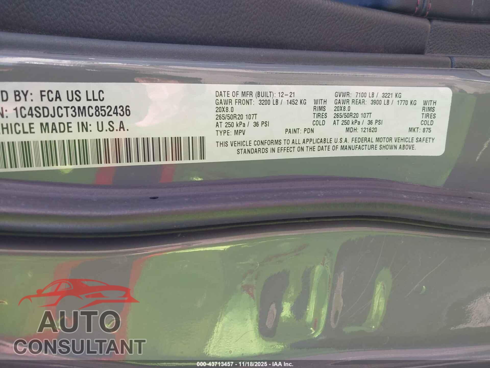 DODGE DURANGO 2021 - 1C4SDJCT3MC852436