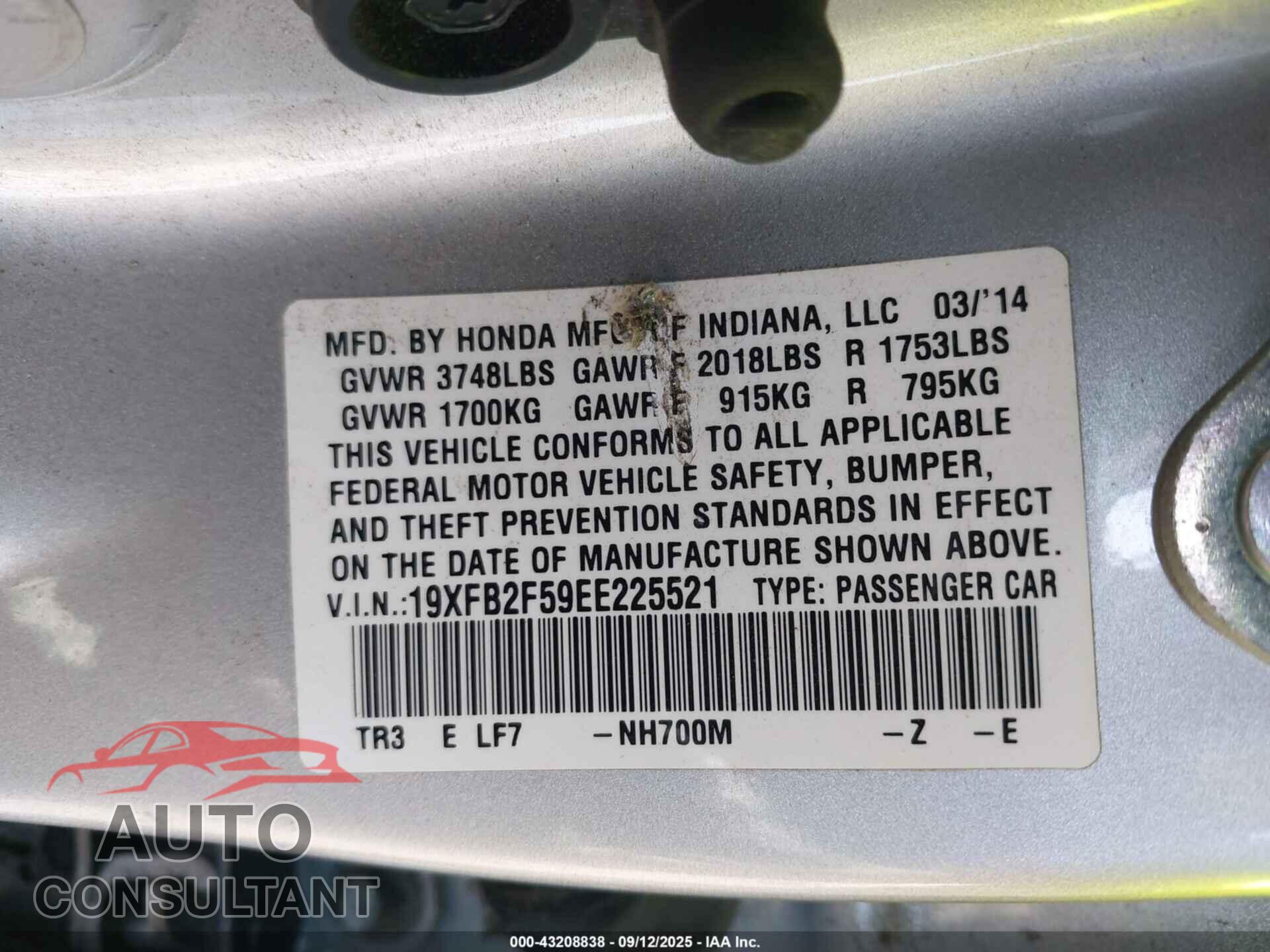 HONDA CIVIC 2014 - 19XFB2F59EE225521