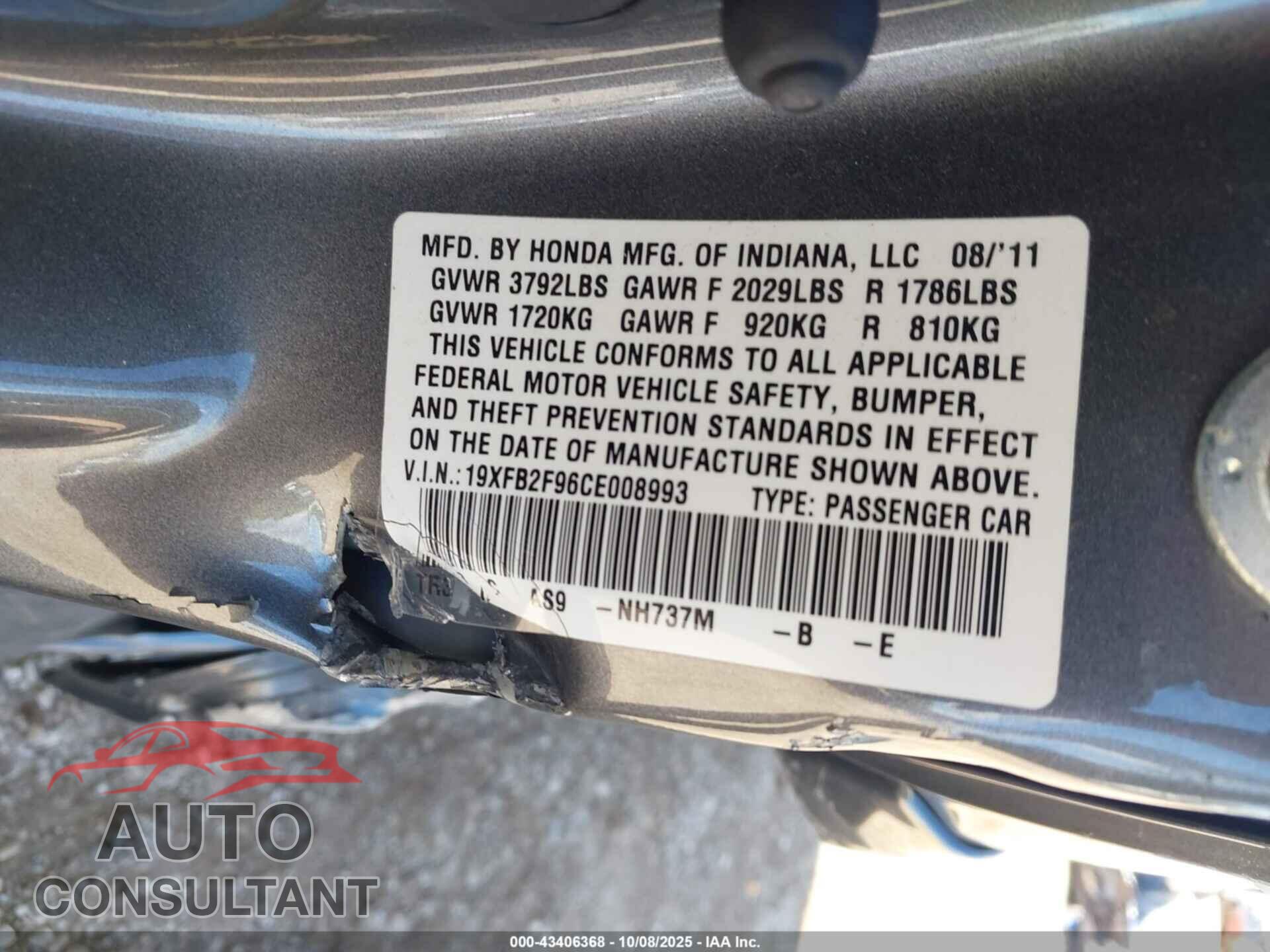 HONDA CIVIC 2012 - 19XFB2F96CE008993