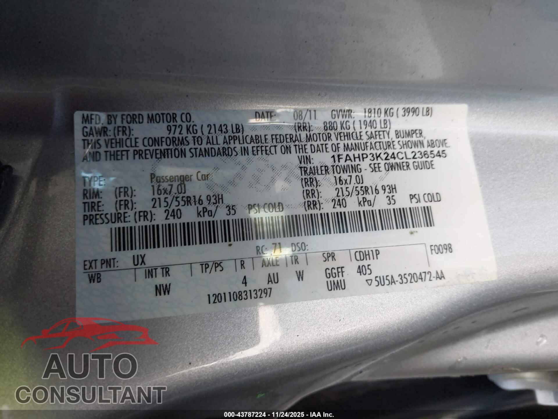 FORD FOCUS 2012 - 1FAHP3K24CL236545