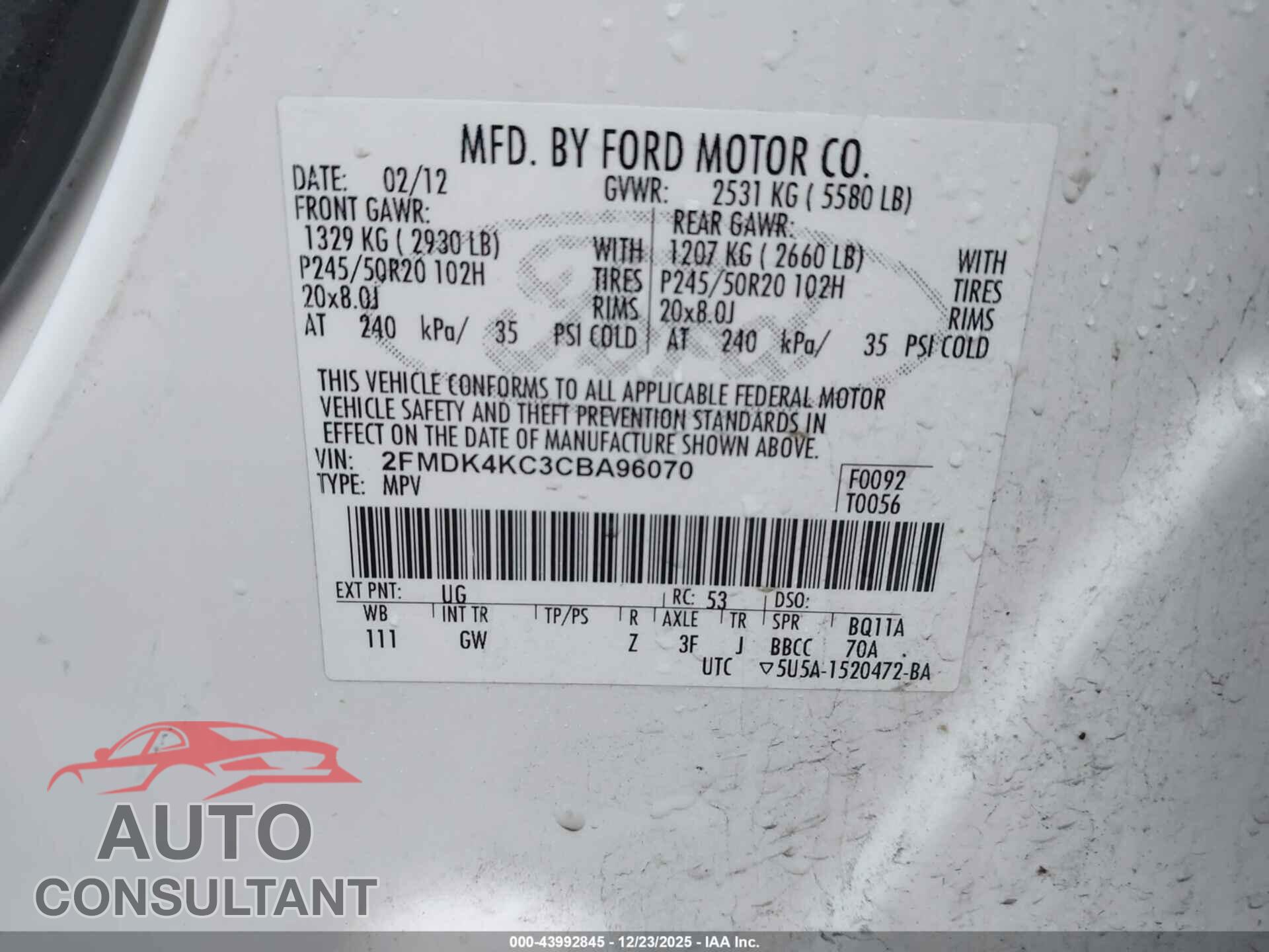 FORD EDGE 2012 - 2FMDK4KC3CBA96070