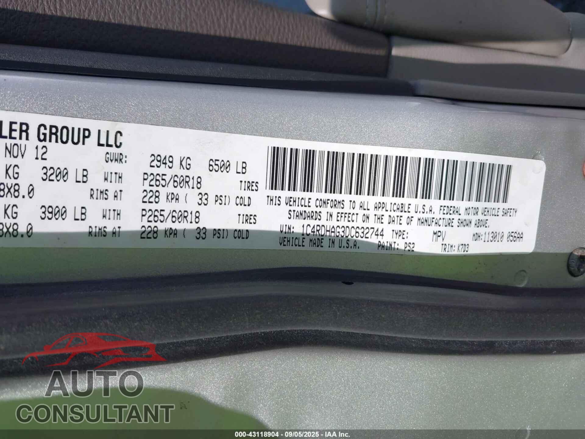 DODGE DURANGO 2013 - 1C4RDHAG3DC632744